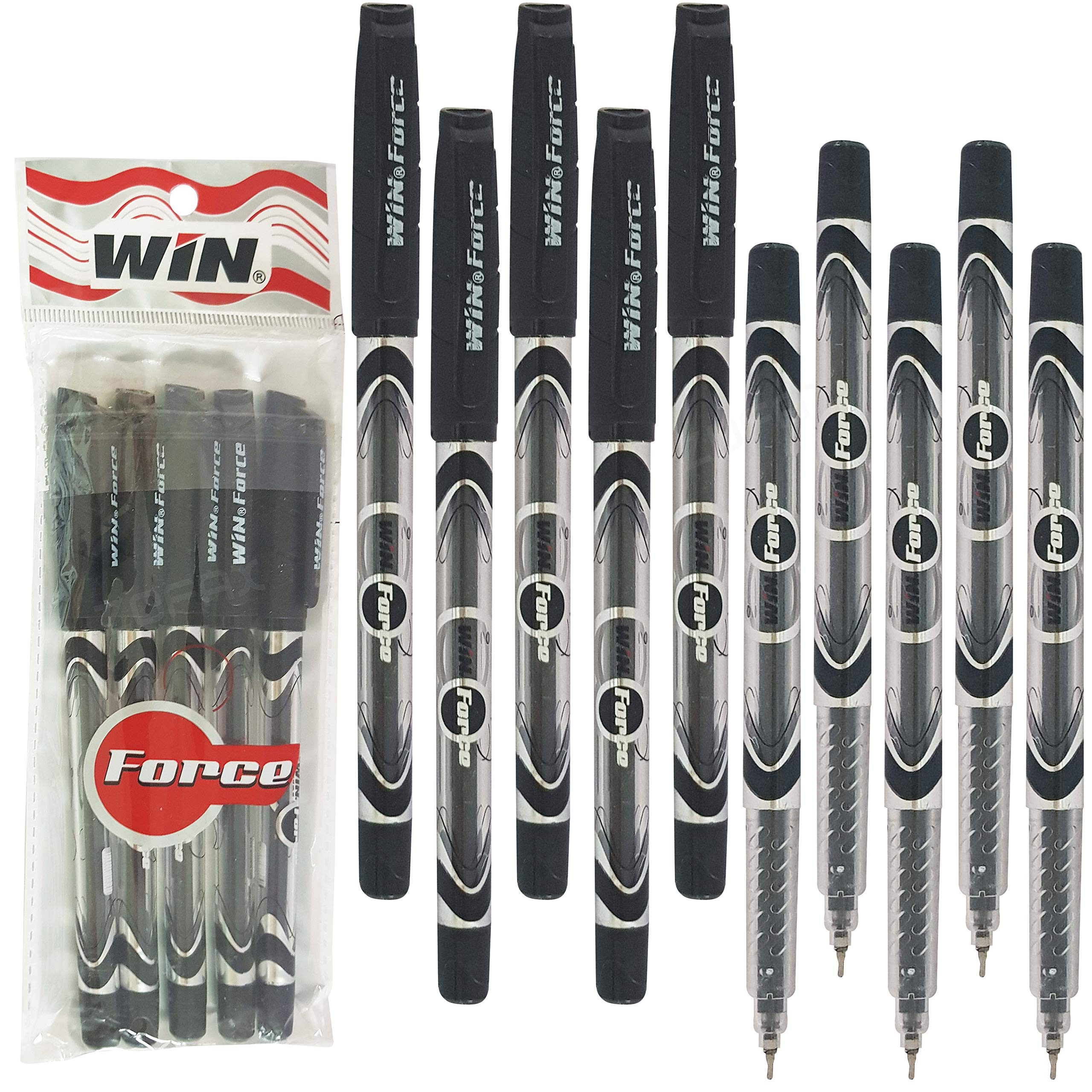 WIN 10 x 0.7mm Tip Ball Pens Force Smooth Biros BLACK Ballpoint Pens Quality Ink