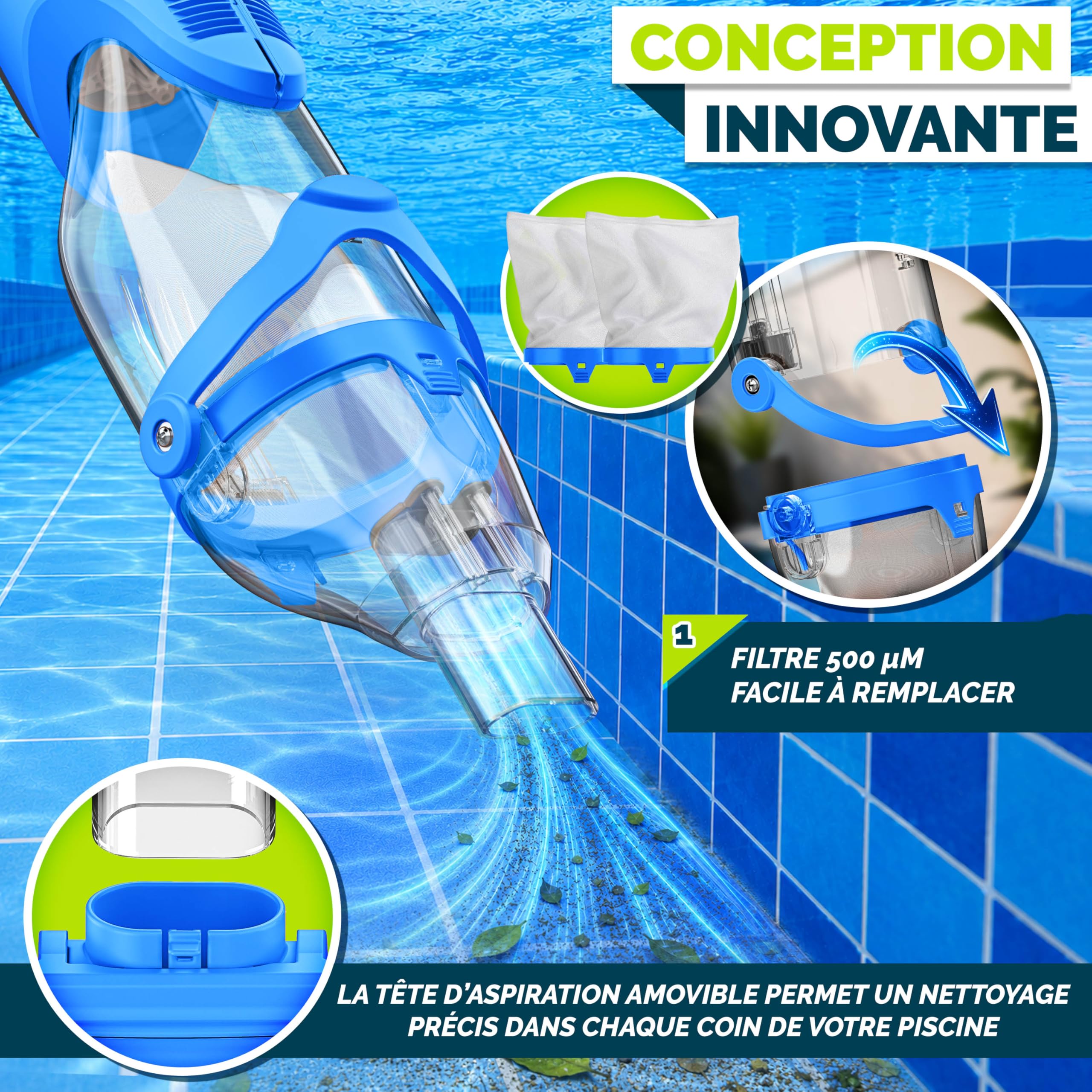 tillvex Aspirateur de Piscine avec Batterie & Manche télescopique + Filtre | Aspirateur de Piscine électrique | Nettoyeur de Piscine avec Filtre & autonomie de 60 Min (Bleu/Gris)