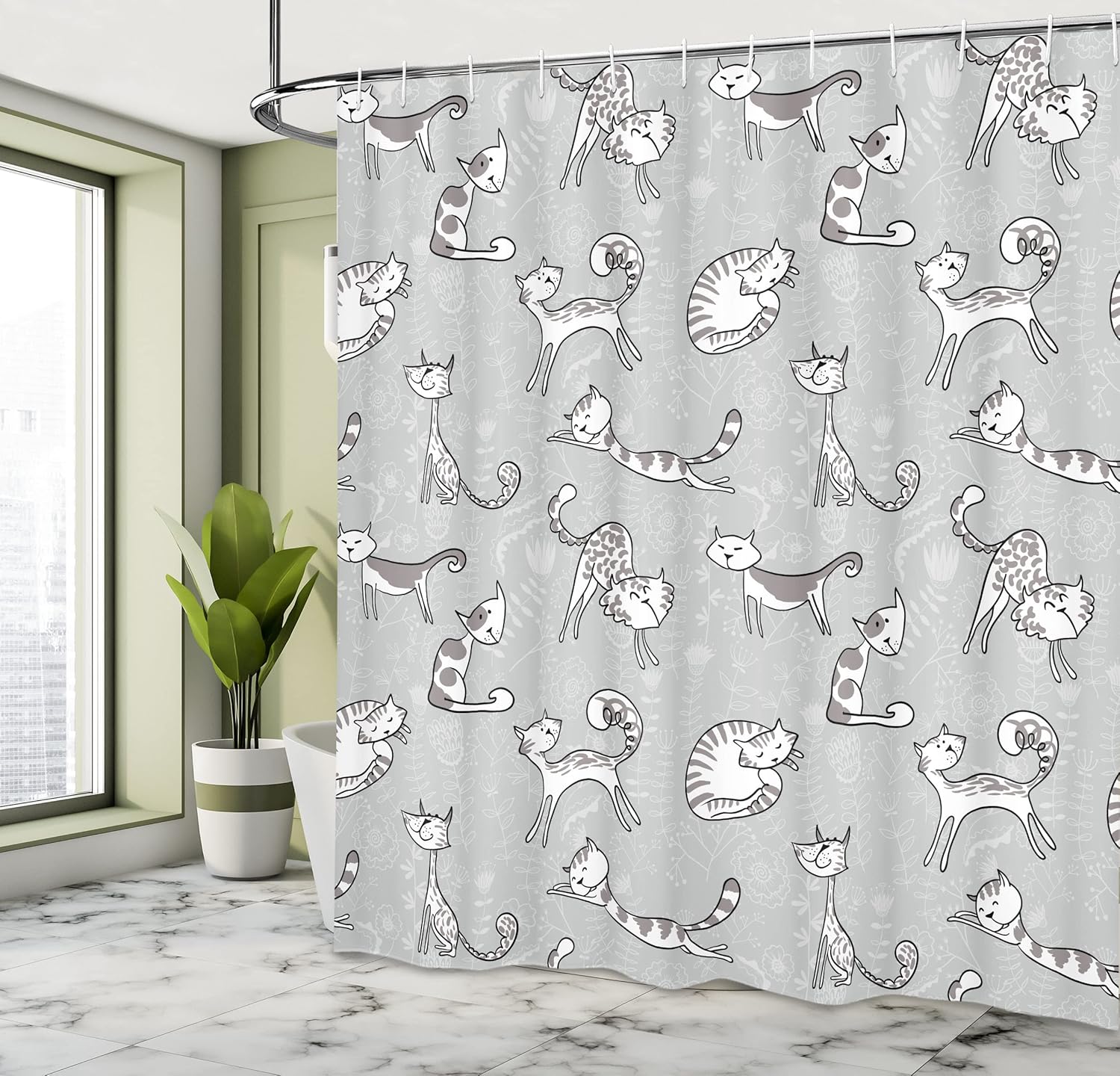 Ambesonne Grey Shower Curtain, Cats Posing Over Floral Background Feline Kitten Kitty Cartoon Art Prints, Cloth Fabric Bathroom Decor Set with Hooks, 69" W x 75" L, White