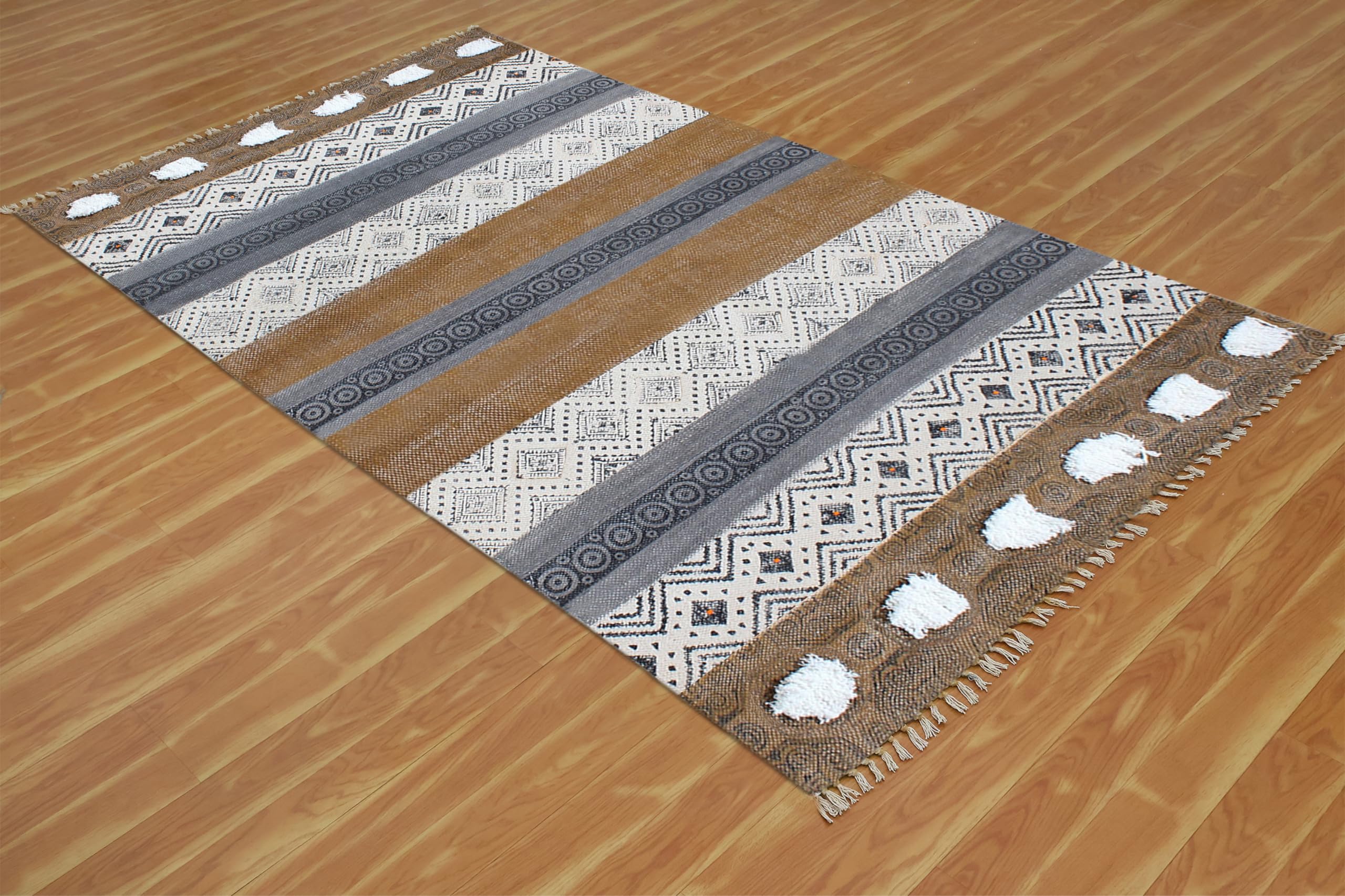 Baumwoll-Läufer, 6,6 x 61 cm, Kelim-Läufer, Handwäsche, Braun / Schwarz, geometrisches Design, handbedruckt, Baumwolle, Dhurrie-Boho-Teppich, 0,5 cm dick, für drinnen und draußen, Flachgewebe, für