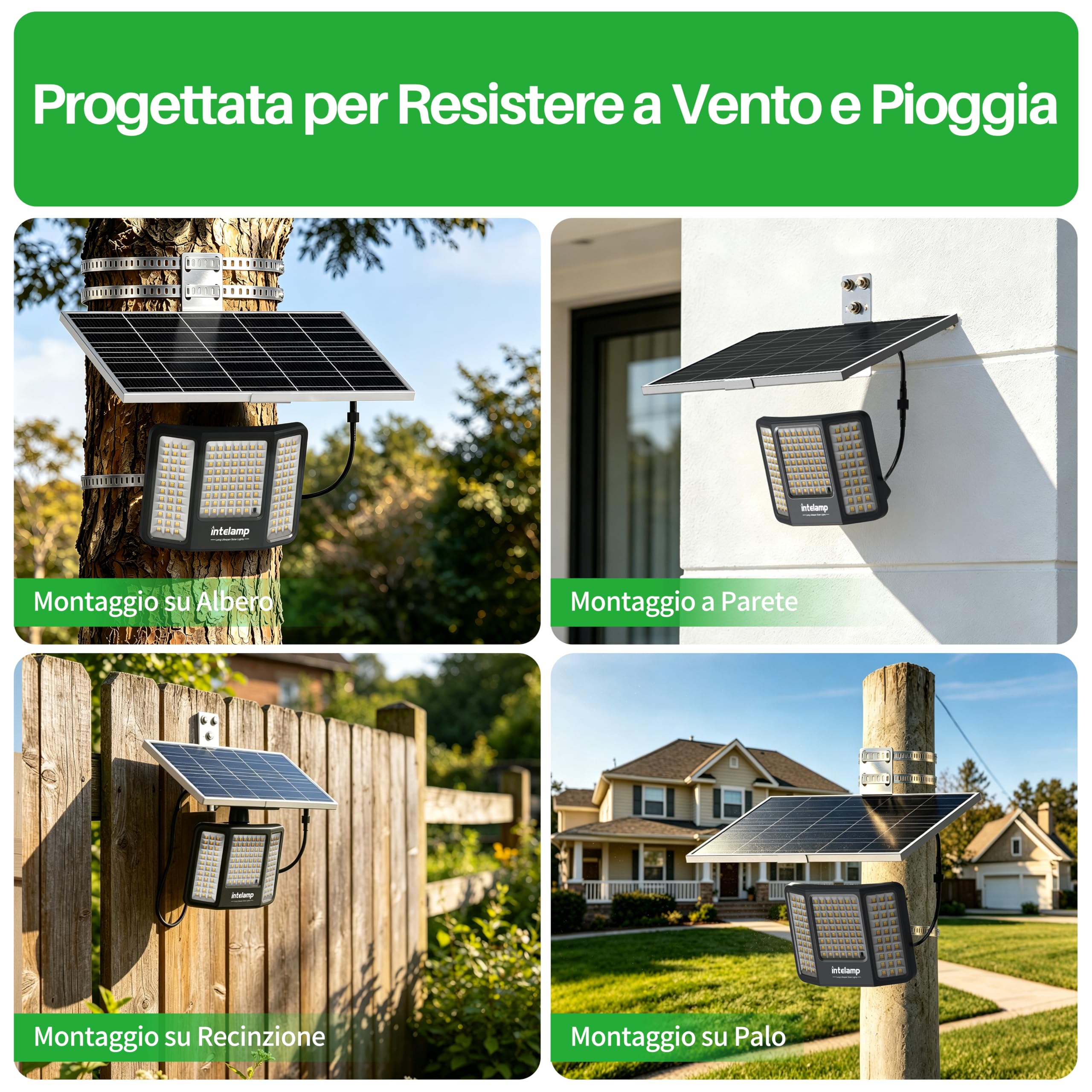 intelamp Faretti LED Solari ad Alta Potenza con Pannello Solare Separato | Batteria da 20.000 mAh, 2.000 lm, 3 Temperature di Colore, Telecomando, Protezione IP65, Ideale per Giardini, Garage