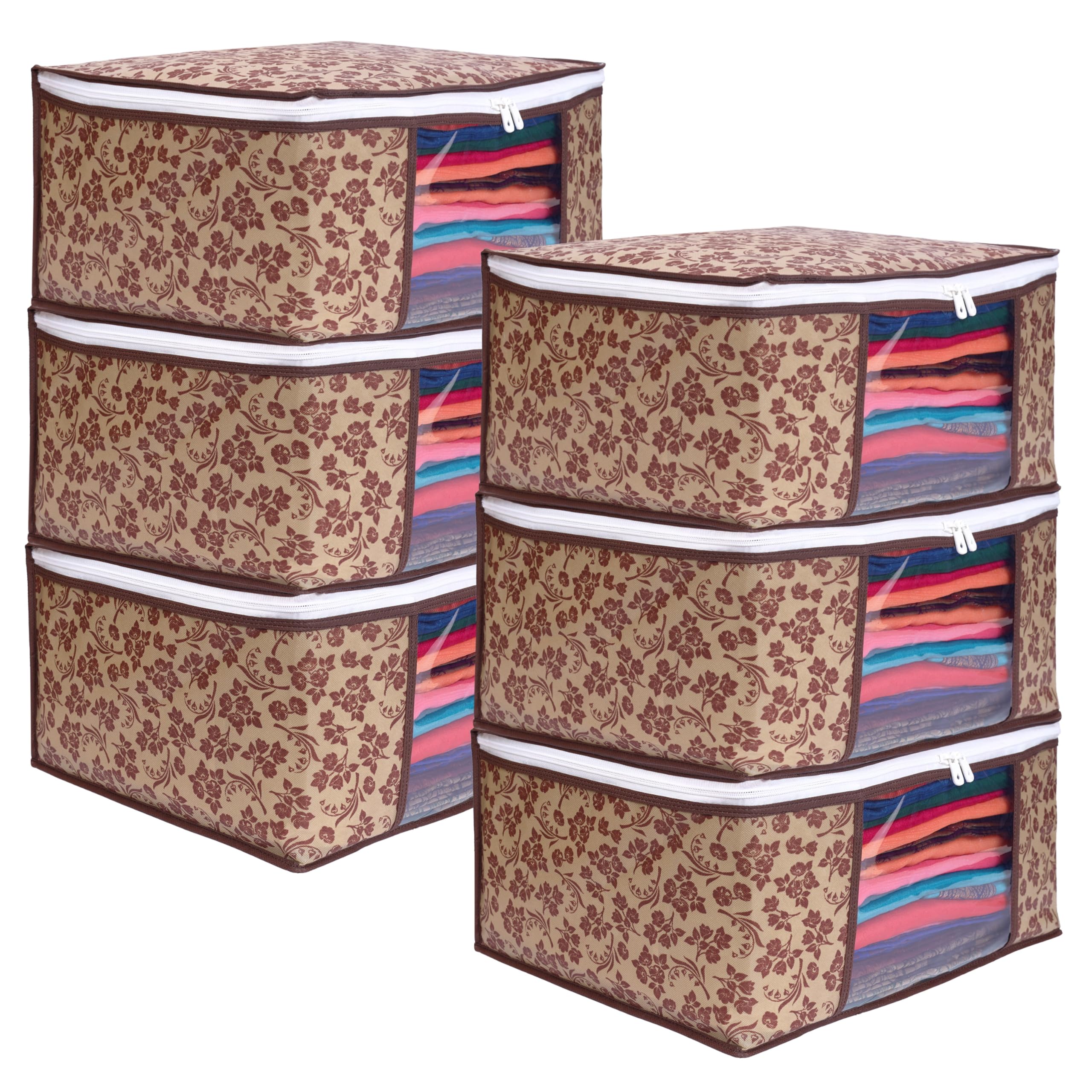 LAXIS® Saree Covers With Zip Non-Woven Printed Saree Cover/Saree Organizer For Wardrobe/Cloth Storage With Transparent Window/Saree Bags Storage/Clothes Organizer (Brown- Pack of 6)