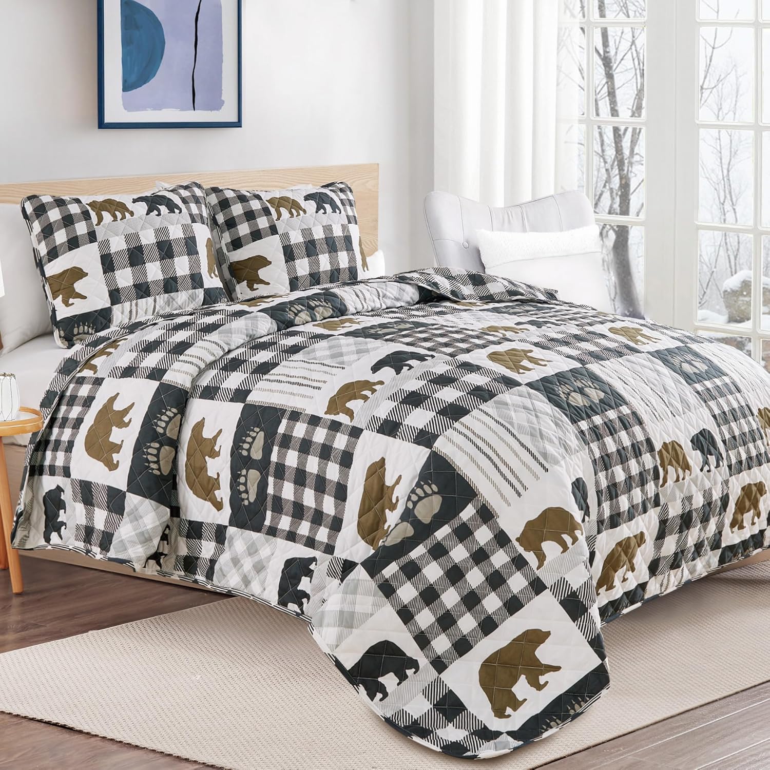 Market & Place Rustic Quilts Full/Queen Size | 3-Piece Cabin Comforter Set with Shams | Reversible Lodge Bear Bedding for All Season | Orson Collection (Full/Queen, Grey/Brown) - Image 2