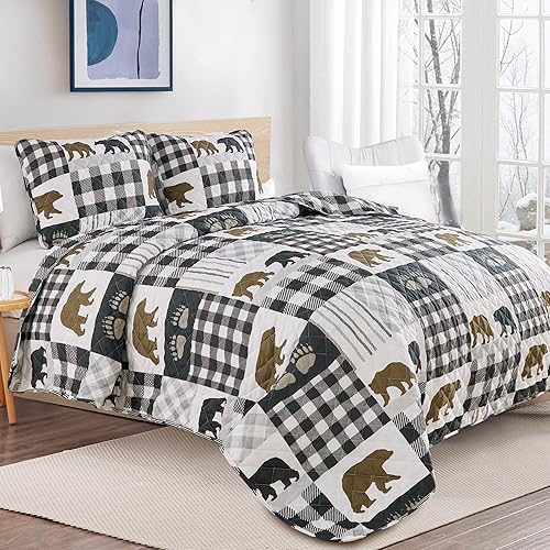 Miniatura 2 de Market & Place Juego de edredón reversible de 3 piezas con fundas de almohada, colcha suave y ligera para todas las estaciones, diseño rústico de