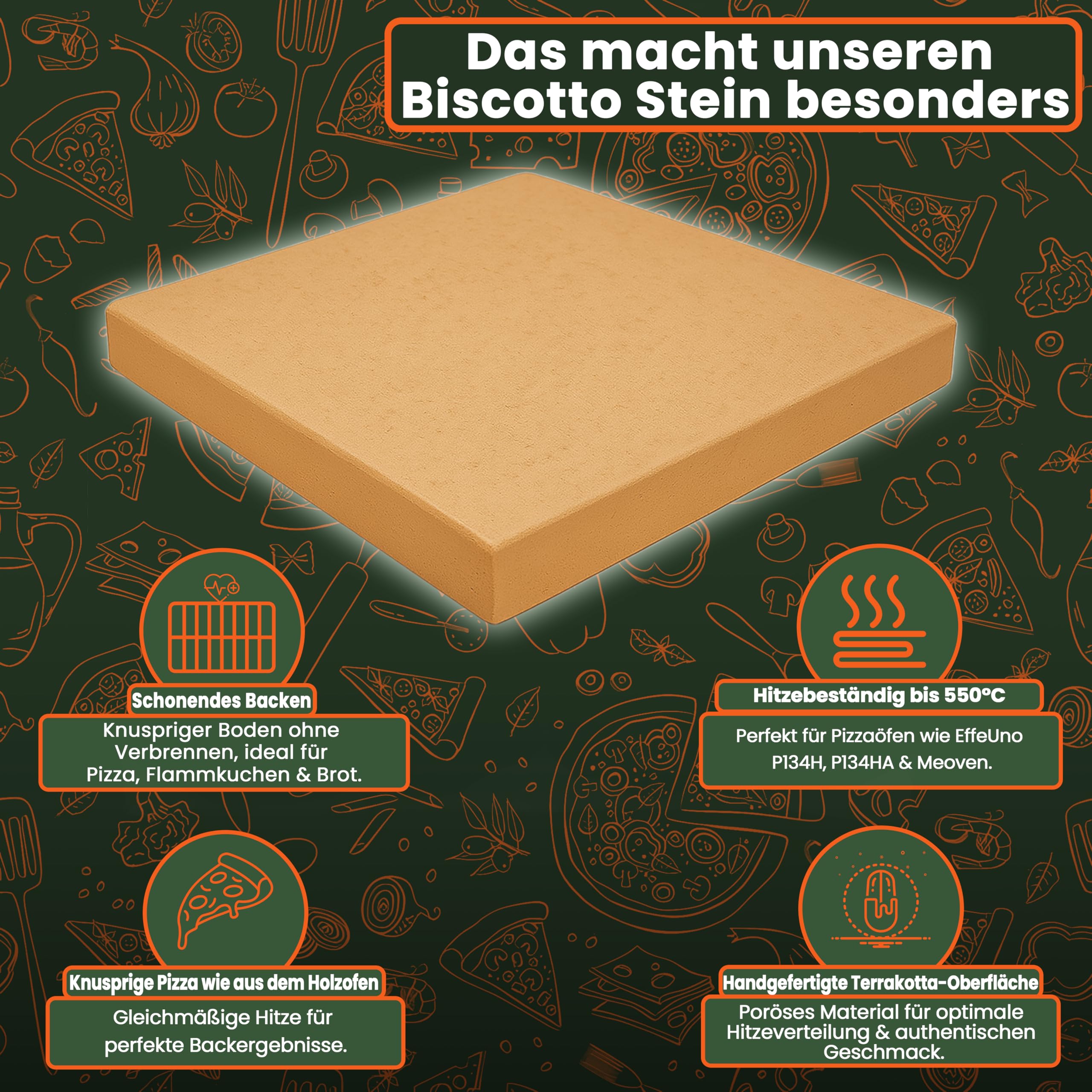 Biscotto Pizzastein für Backofen 39,5x34,5x1.5 cm – Handgefertigter Terrakotta-Ersatz-Backstein für EffeUno P134H, P134HA, P234, Meoven, Hitzespeicherung bis 500 °C für perfekte Pizza & Brot