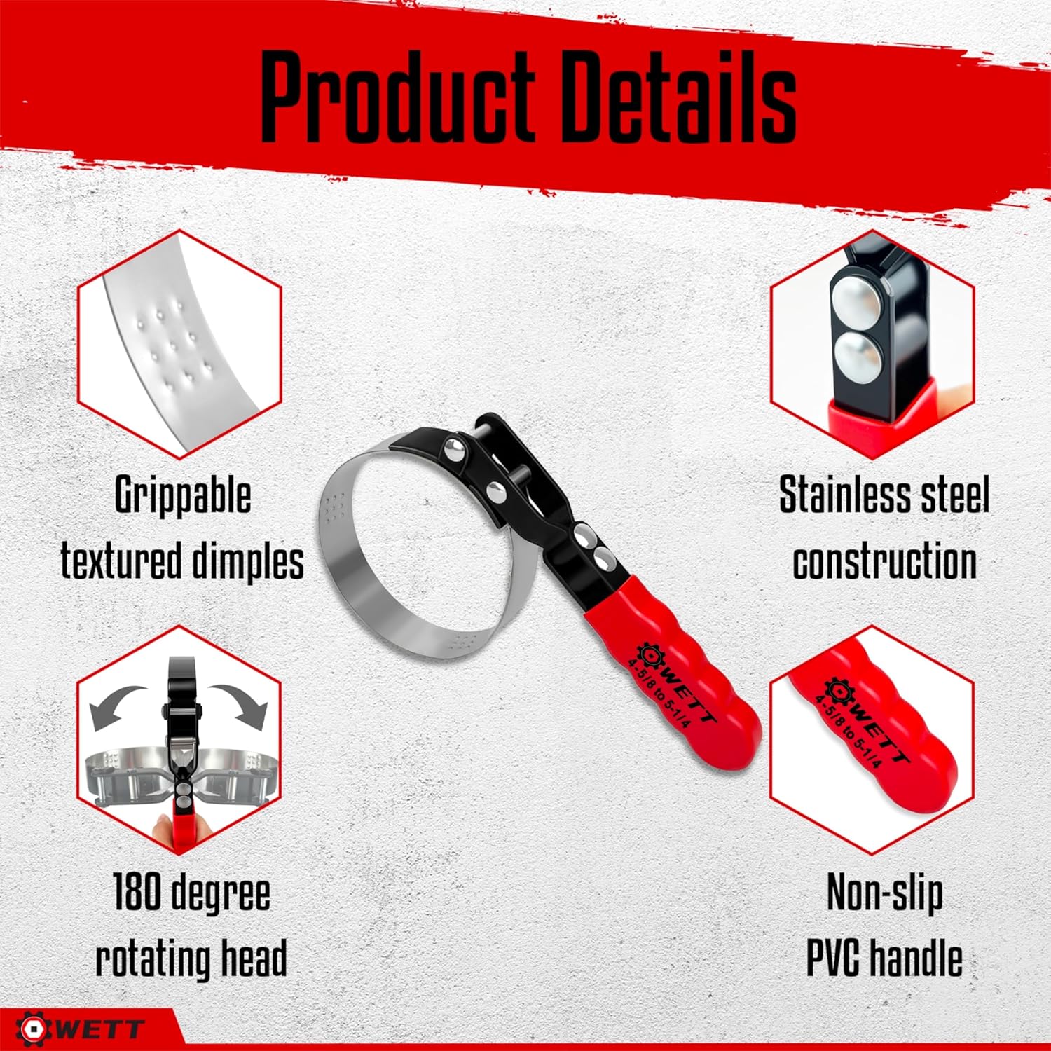 WETT Swivel Oil Filter Wrench Set, 9-Piece Standard Oil Filter Removal Tool, with Adjustable Oil Filter Plier and Valve Lapper, Stainless Steel Remover Pliers (2-3/4" to 5-1/4")