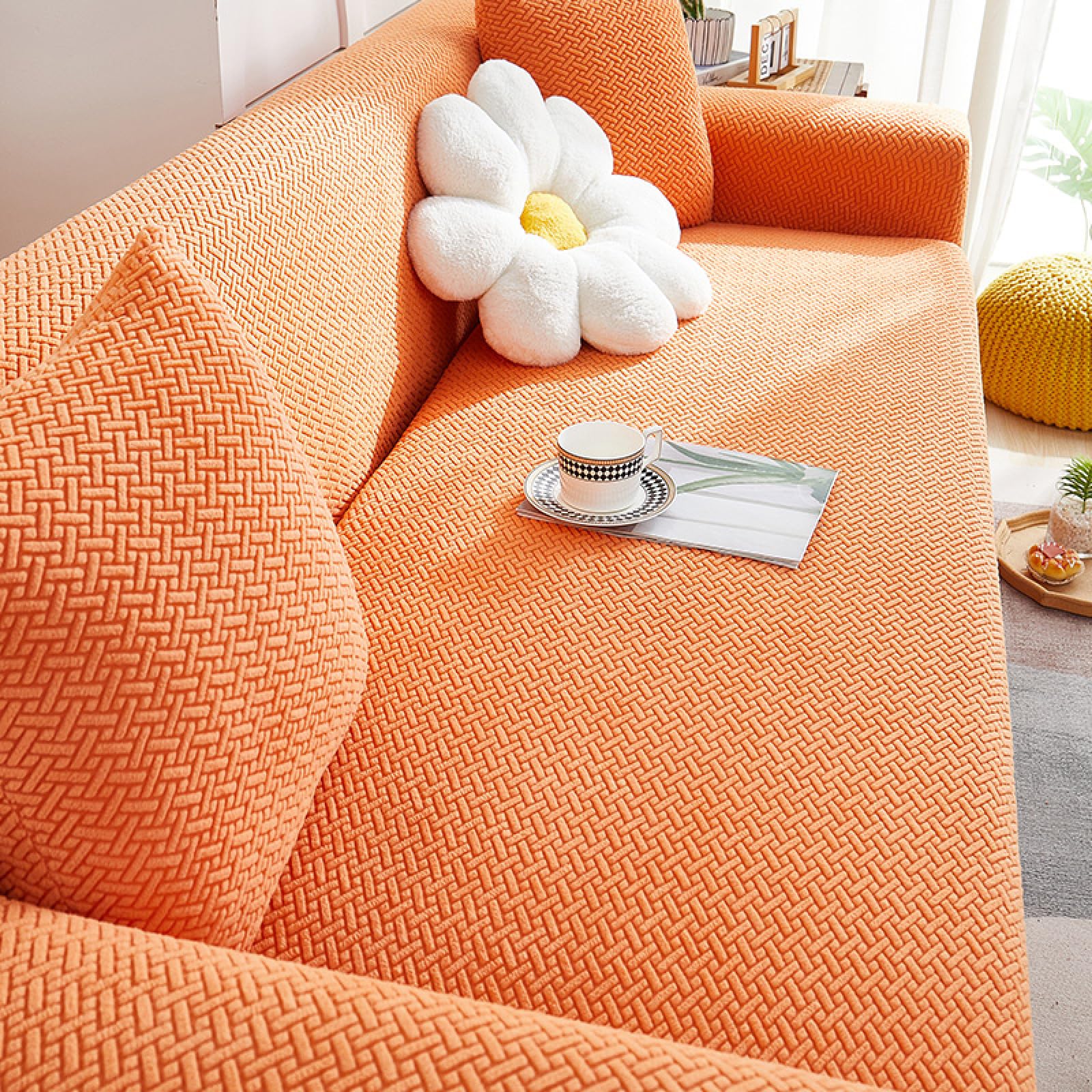 Stretch Sofa Slipcover, Universal Couch Cover Non Slip Soft Sofa Cover with Elastic Bottom, Dog Cat Pets Friendly Washable Furniture Protector for 3 Cushion Couch (XL(4 Seater 235-300cm), Orange)