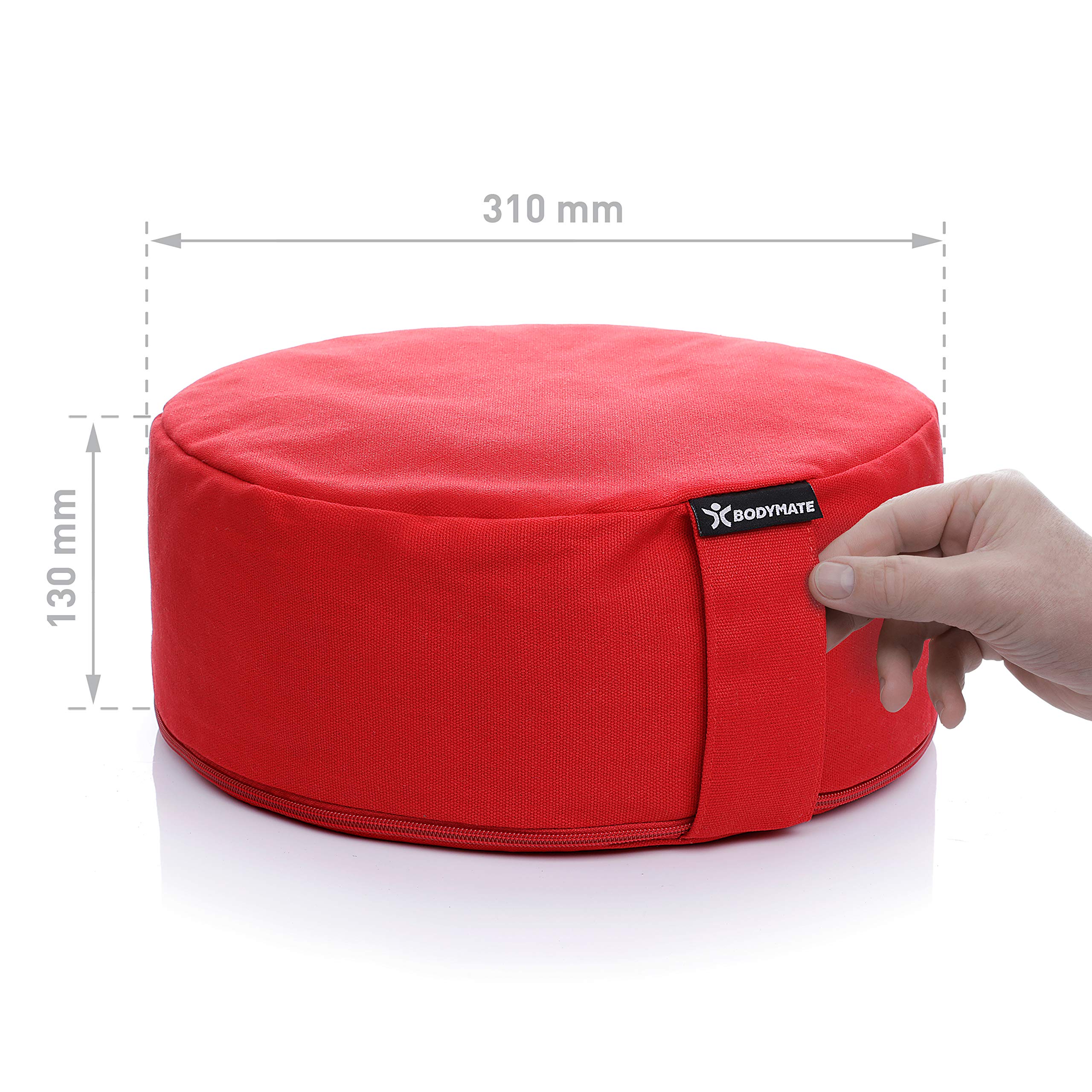 BODYMATE Cojín de Yoga Redondo | 31 cm Diámetro 13 cm Alto | Relleno de Cáscaras de Trigo Sarraceno | Funda Extragruesa y Lavable en Lavadora de Algodón 100% | Meditación y Asiento