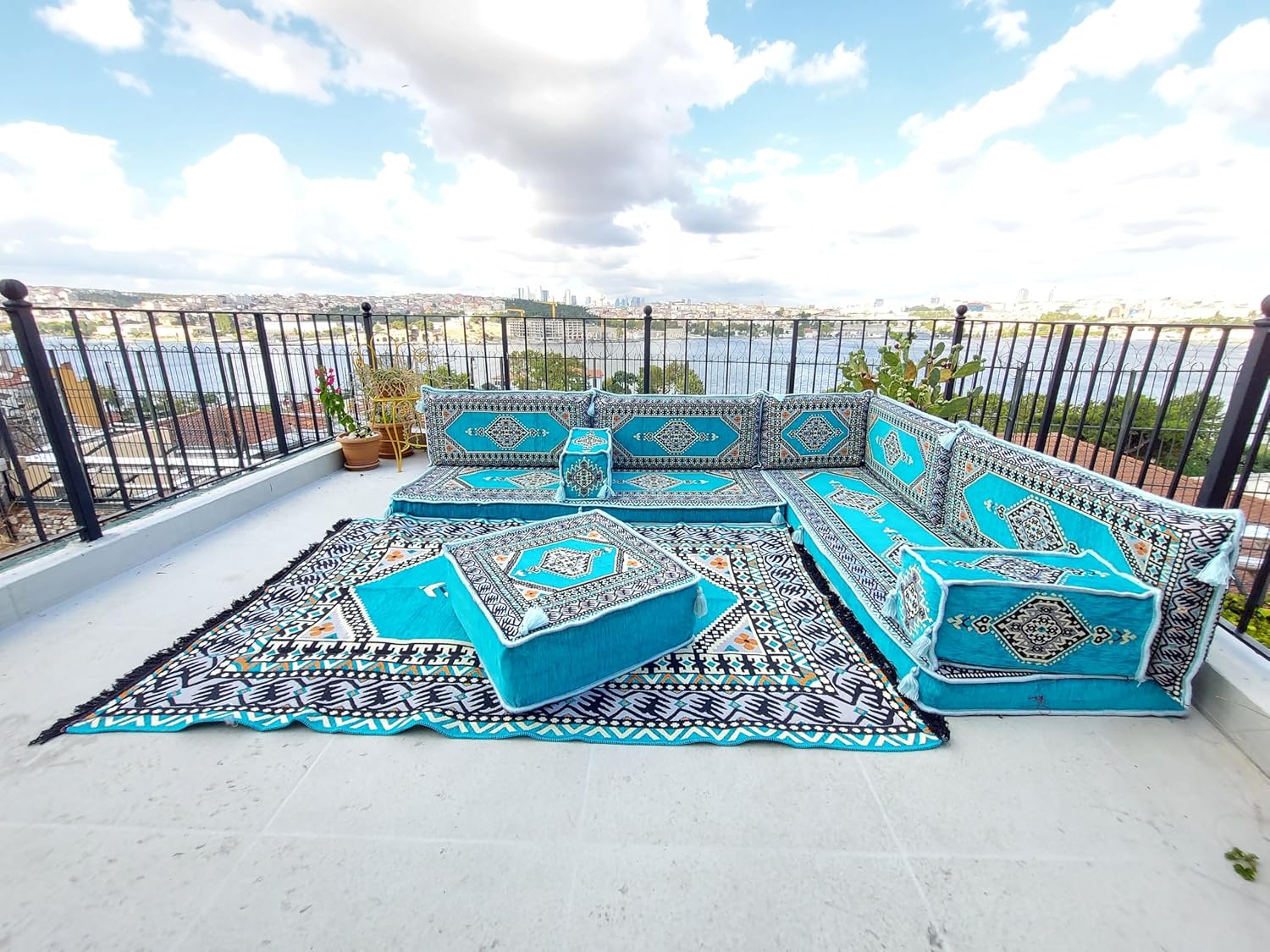 arabicsofa Light Blue L Shaped Moroccan Majlis Seating – Arabic Sectional Floor Sofa Set – Modular Corner Sofa Set