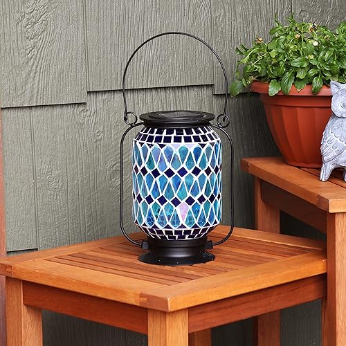 Miniatura 4 de Sunnydaze Farol LED solar de vidrio mosaico de 8.5 pulgadas, diseño azul, verde y morado, luz de mesacamino