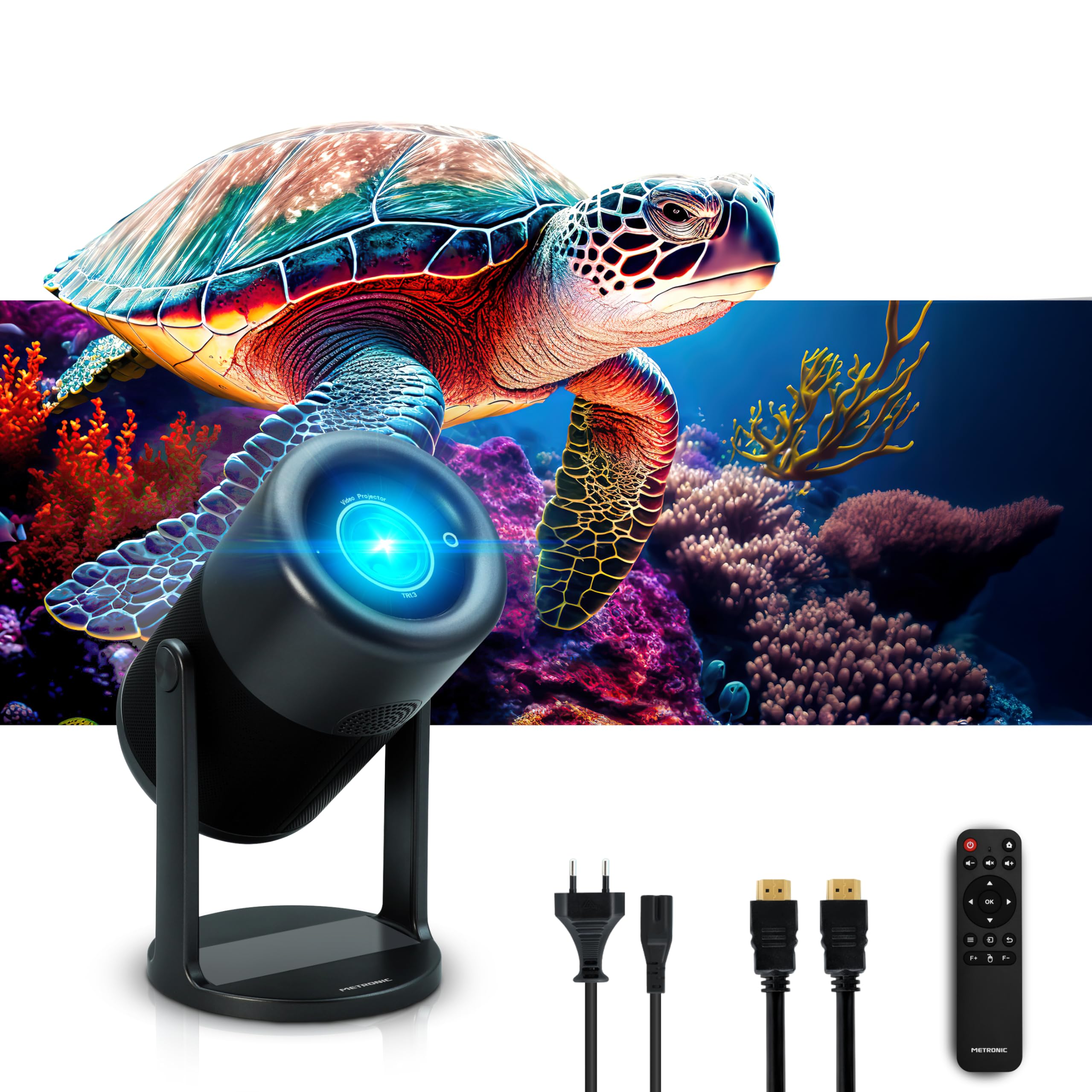 Metronic 475350 – Proyector Portátil WiFi Bluetooth | 3000 LM | Full HD Compatible | Pantalla hasta 150" | Corrección Trapezoidal Automática | Altavoz | Incluye Pantalla 60" y Mando | Negro