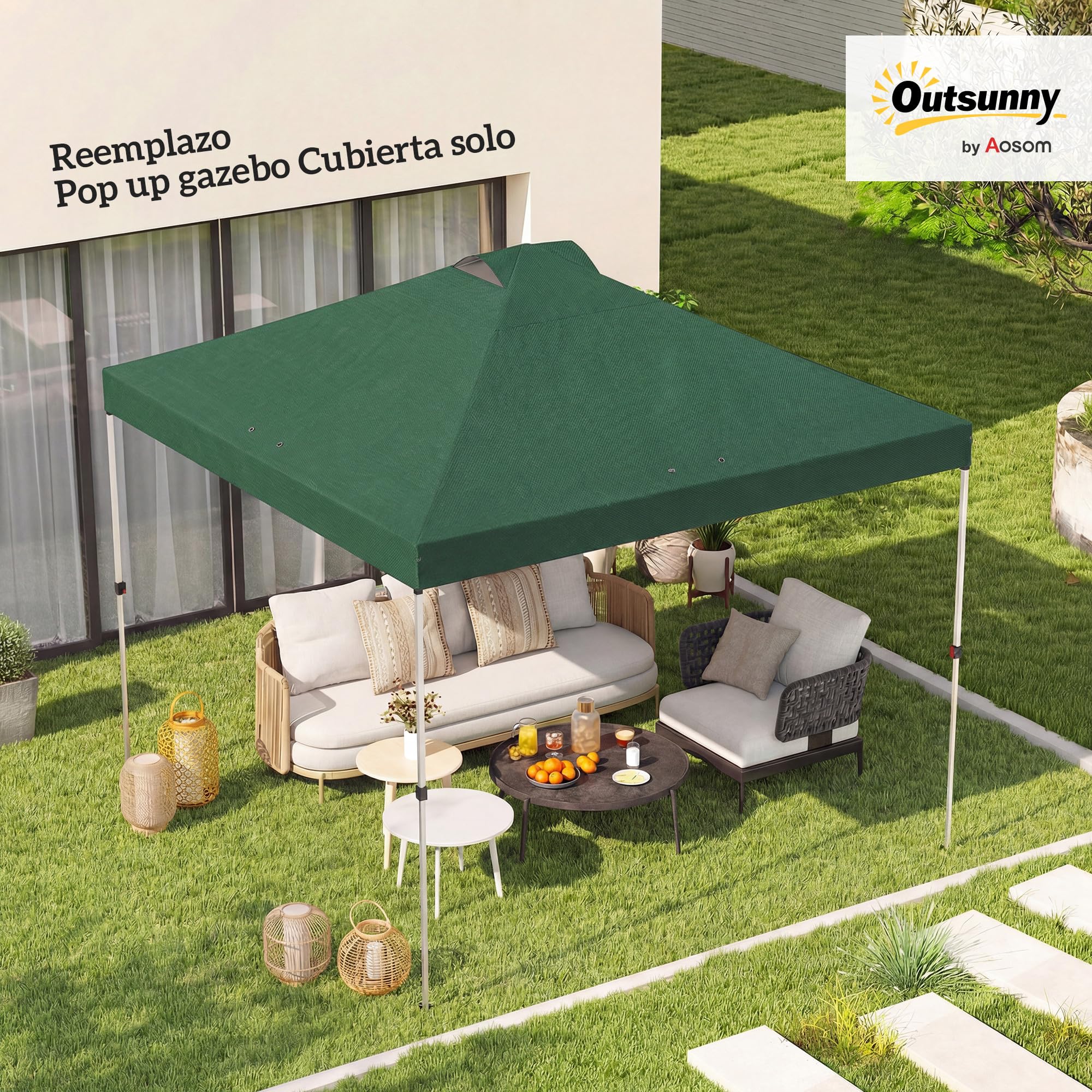 Outsunny Toldo de Pérgola de Recambio 3x3 m Techo de Repuesto para Carpa Plegable de Jardín de Tela Oxford 210D con 8 Orificios de Drenaje y Doble Ventilación Protección UV 50+ Solo TOLDO Verde