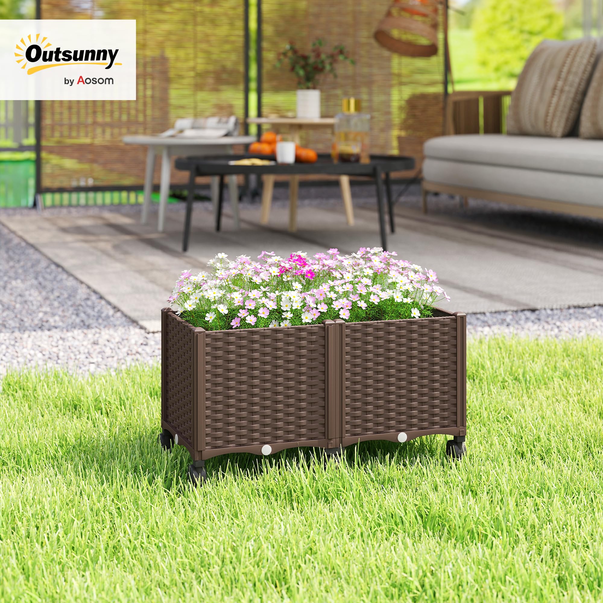 Outsunny Fioriera Rialzata in Plastica 85L, Letto per Orto Rialzato da Esterno con Ruote Bloccabili, Sistema di Autoirrigazione, Fori di Drenaggio, per Piante Rampicanti, Verdure e Fiori, Marrone