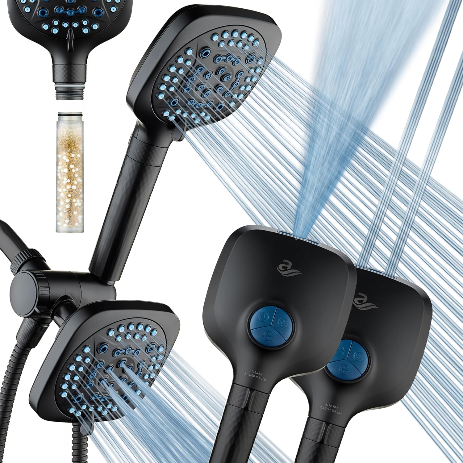 6-way High Pressure 82 Spray Mode Filtered Showerhead Combo - Handheld Shower Head Filters Chlorine to Heal Dry Skin, Revive Hair - Dual Power Wash Cleans Tub, Tile, Pets - Hard Water Softener, Black