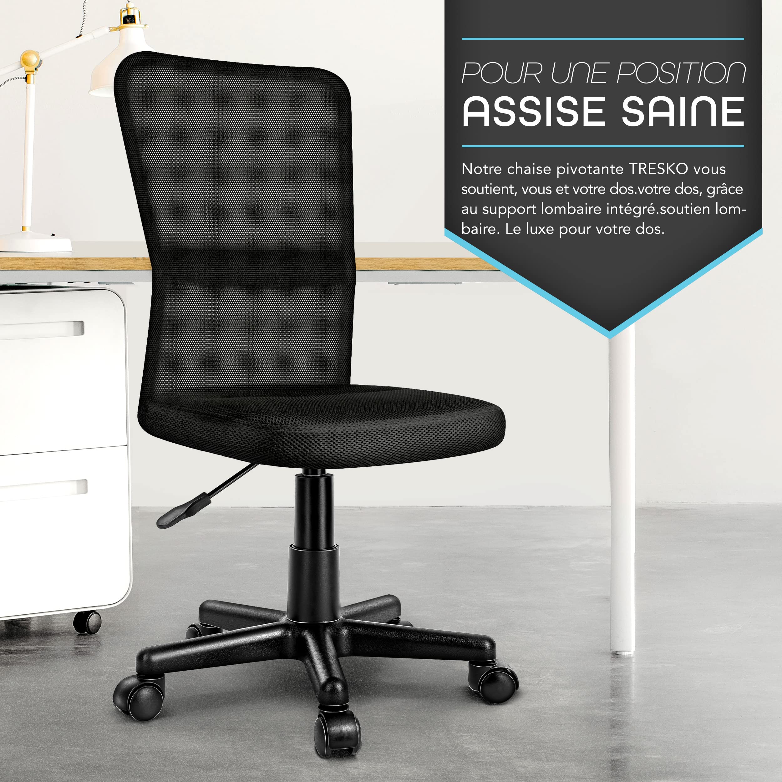 TRESKO® Chaise Fauteuil siège de Bureau Ergonomique, de 7 Couleurs différentes, Lift SGS contrôlé (Noir, sans accoudoirs)