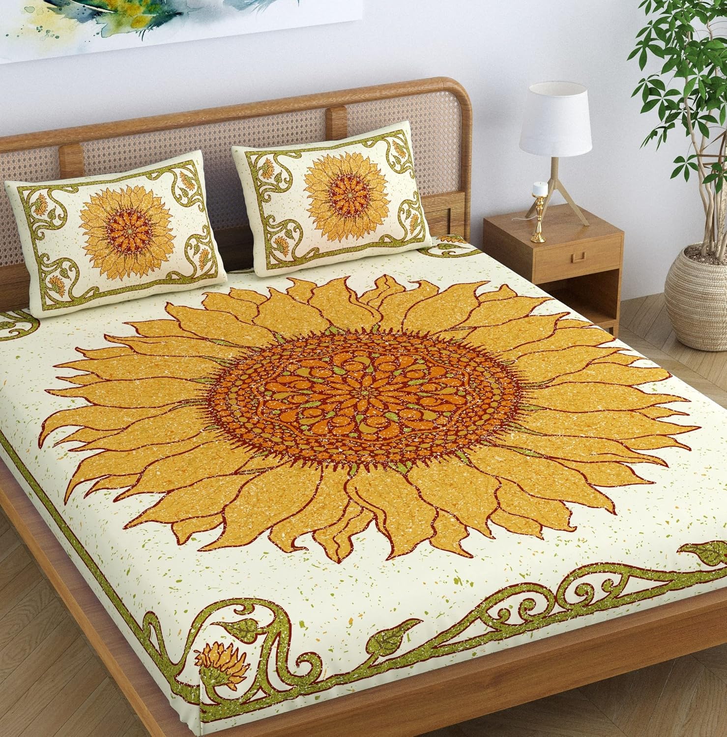SheetKart Sunflower Mandala 100% Cotton Double Bedsheet Jaipuri Printed Bed Cover King Size with 2 Pillow Covers,Yellow,144 TC