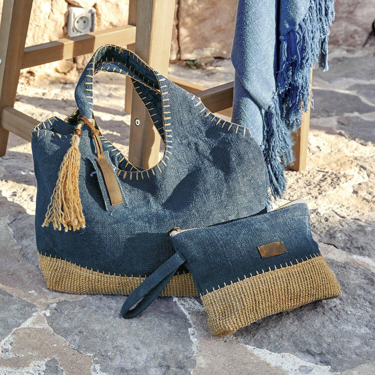 Loberon Tasche 2er Set Cacula, blau/creme