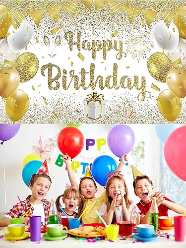Miniatura 5 de Telón de fondo de cumpleaños con texto en inglés Happy Birthday para decoración del hogar, suministros de fiesta, 70.8 x 47.2 pulgadas (dorado)
