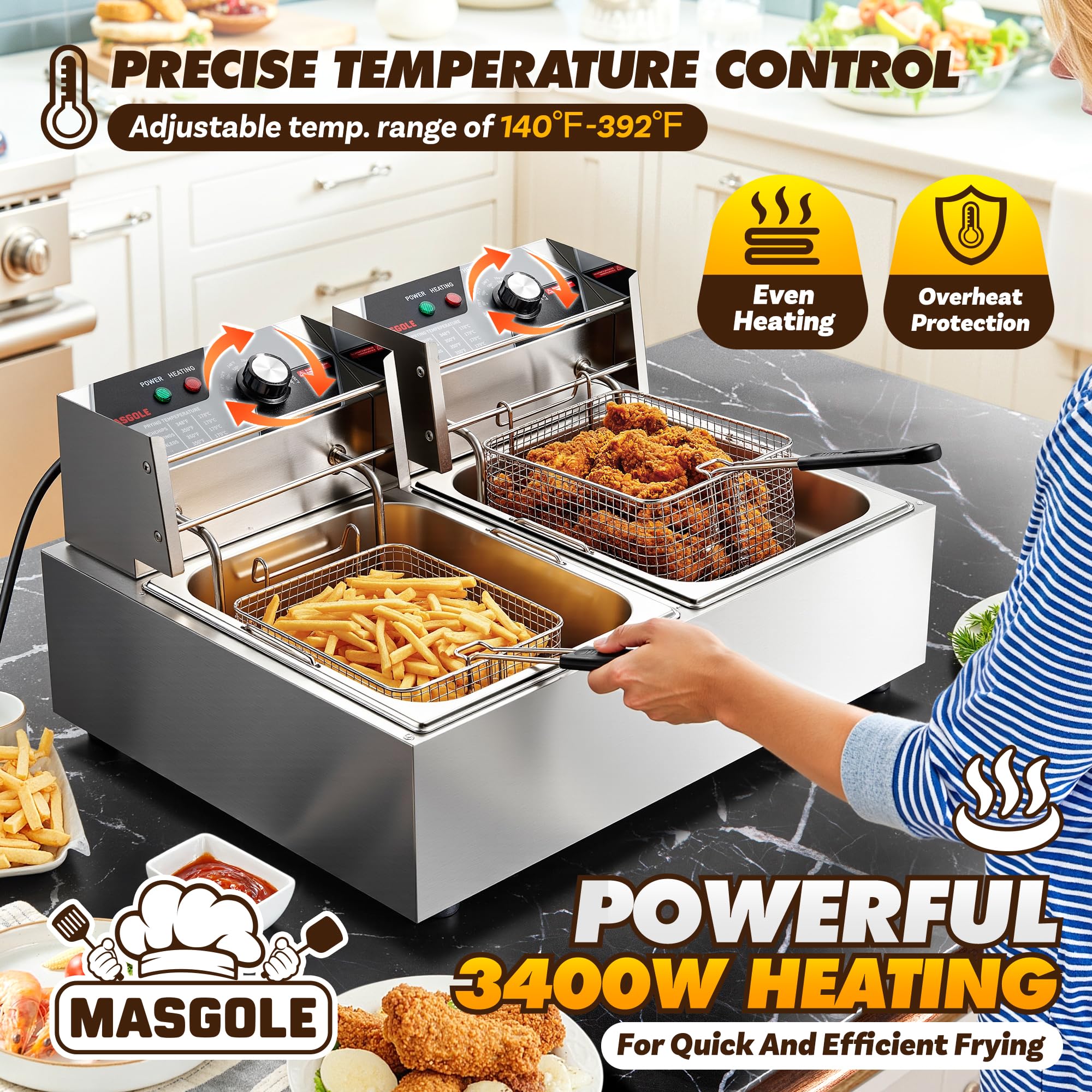 Freidora comercial con cesta, 21.2QT 3400 W de acero inoxidable grande freidora eléctrica para encimera para uso doméstico y restaurante, 20 L