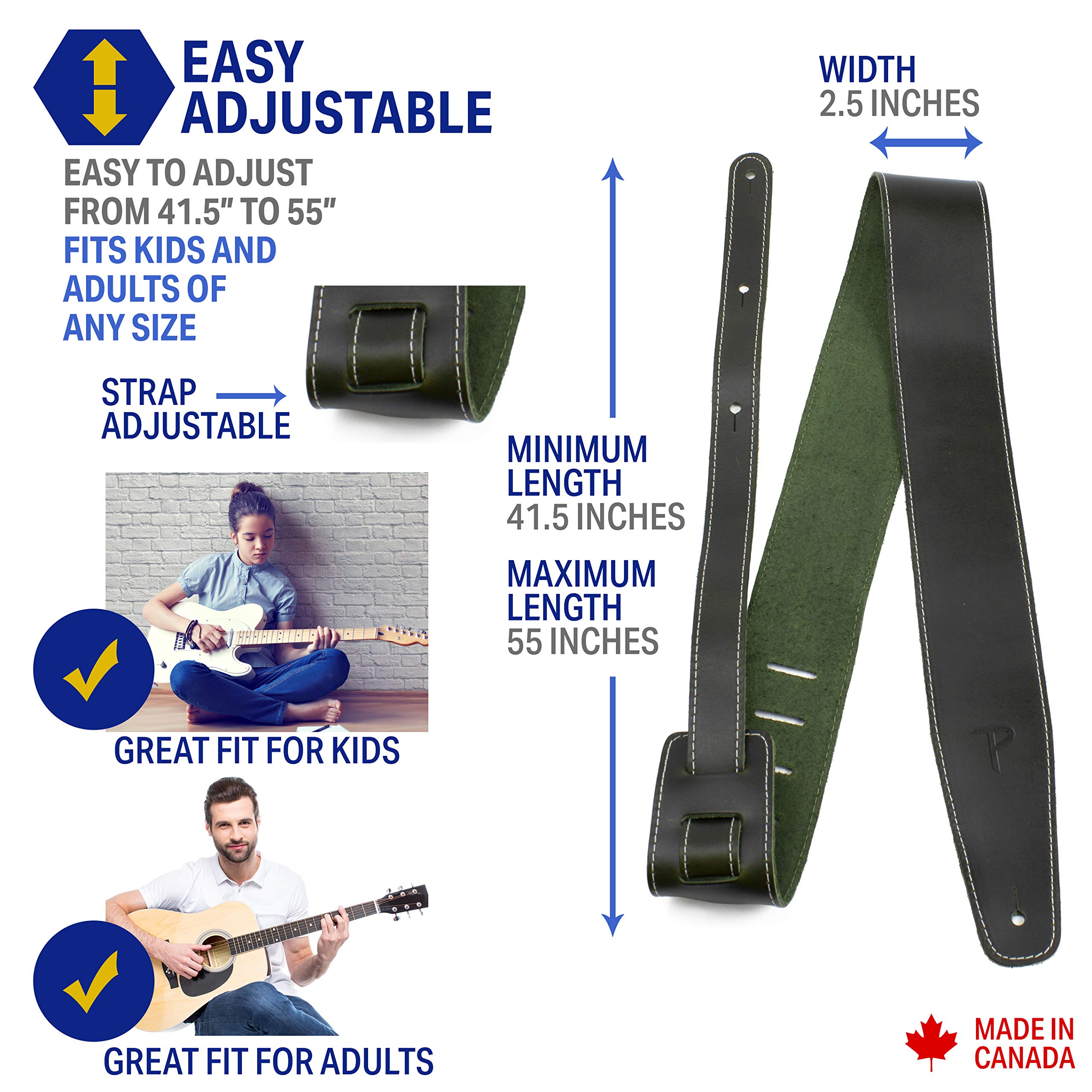 Perri's Leathers Ltd. - Tracolla per Chitarra - Pelle di Baseball (serie) - Verde - Regolabile - Per Chitarre Acustiche/Elettriche/Bassi - Fabbricata in Canada (SP25S-7052)