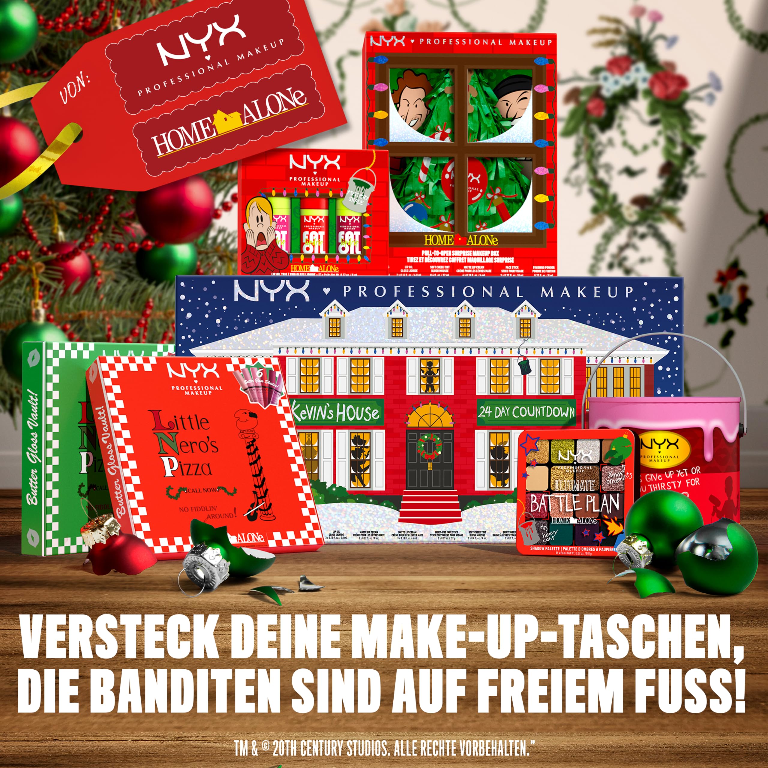 NYX Professional Makeup Home Alone Lipglosse in Pizzaschachtel, Mit glänzendem Finish und nicht klebriger Formel, Butter Gloss Pizza Vault, 6 Stück, 5 Pink-/Rottöne und Butter Gloss Bling