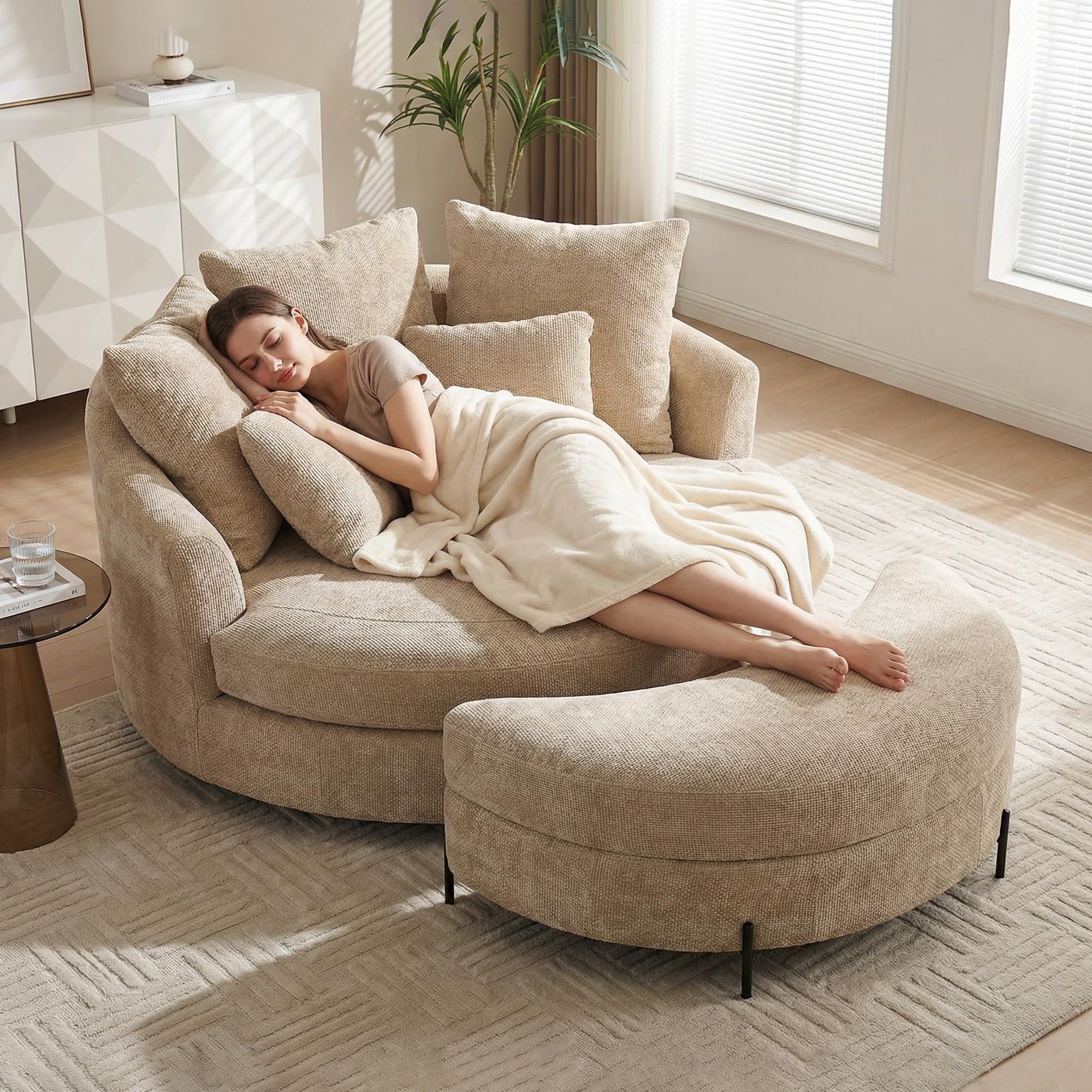 Aoiy & Wifon 59.8" W Oversized Barrel Chair with Ottoman, Round Chair with Ottoman, Extra Large Living Room Chair Set with Wheels, Knitted Chenille,