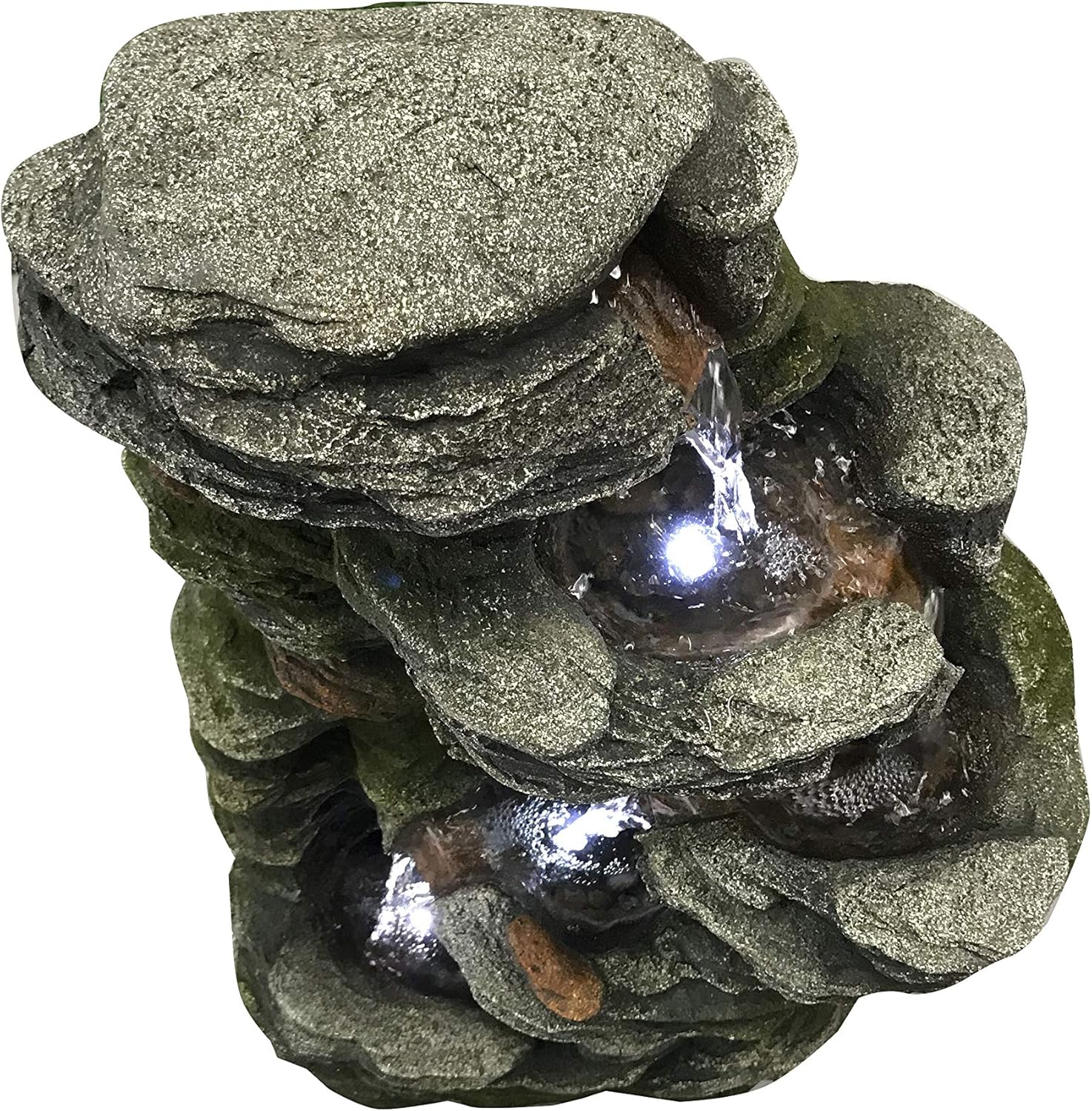 Multilevel Stone Outdoor Fountain with Cool White LED Lights