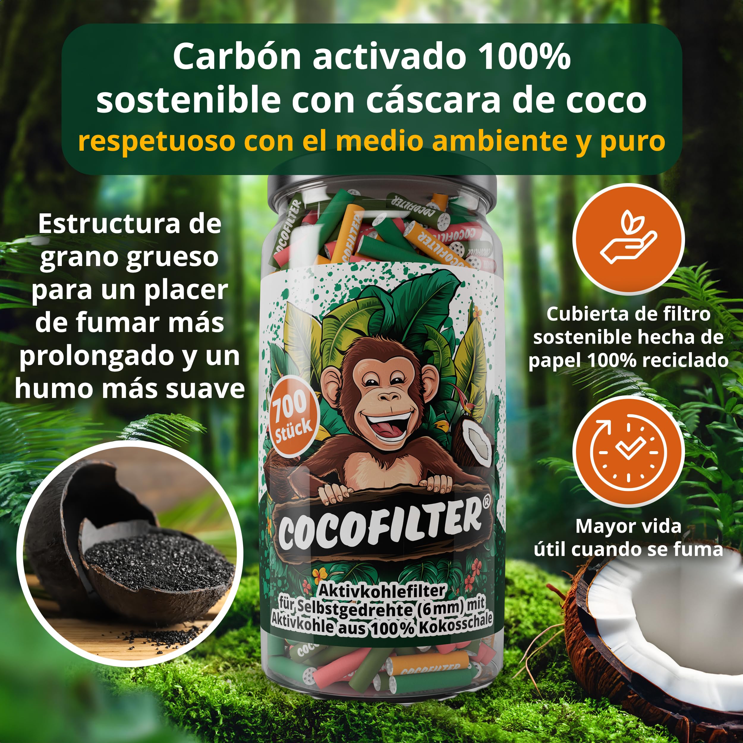 Filtros de carbón activado 6mm de cáscara de coco [700 uds.] | Puntas de filtro slim naturales con extremos de cerámica para cigarrillos liados a mano, 27mm cada una, en tarro de vidrio