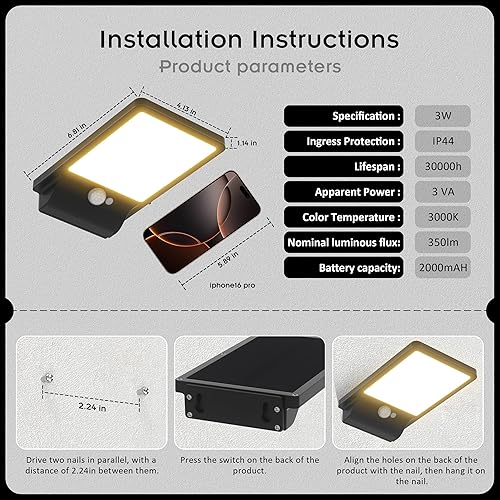 Miniatura 8 de Paquete de 2 lámparas solares de pared para exteriores, impermeable, modelo 2025, batería de 2000 mAh, 350 lúmenes, 3 modos, blanco cálido de 3000