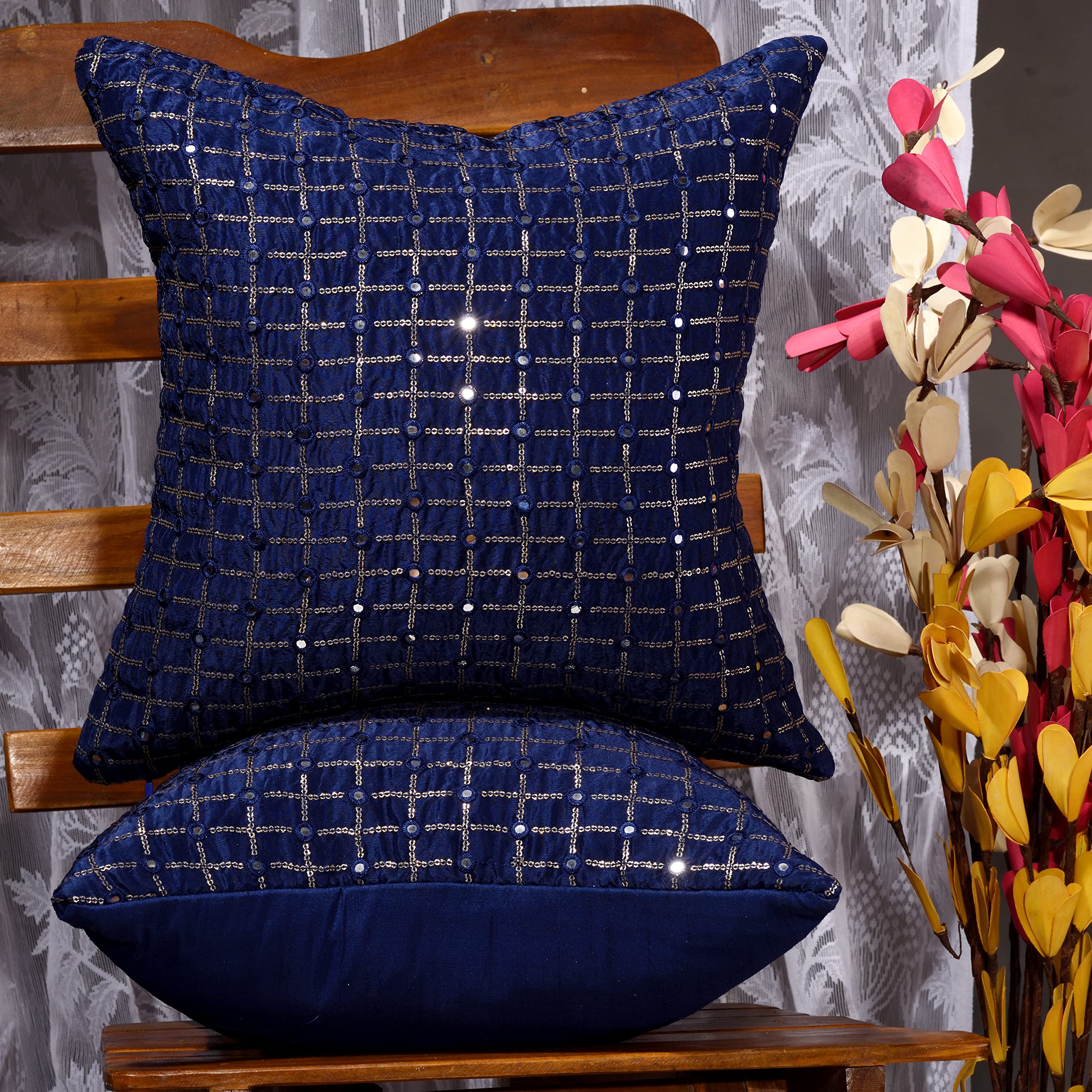 SCARLETT LINENS Silk Embroidered Cushion Covers 18x18 Set of 2, Fancy Cushion Covers with Mirror Work 18/18 inches for Sofa, Festive Blue Cushion Covers 18" (B0BBJLD22L) Amazon Price History, Amazon Price Tracker