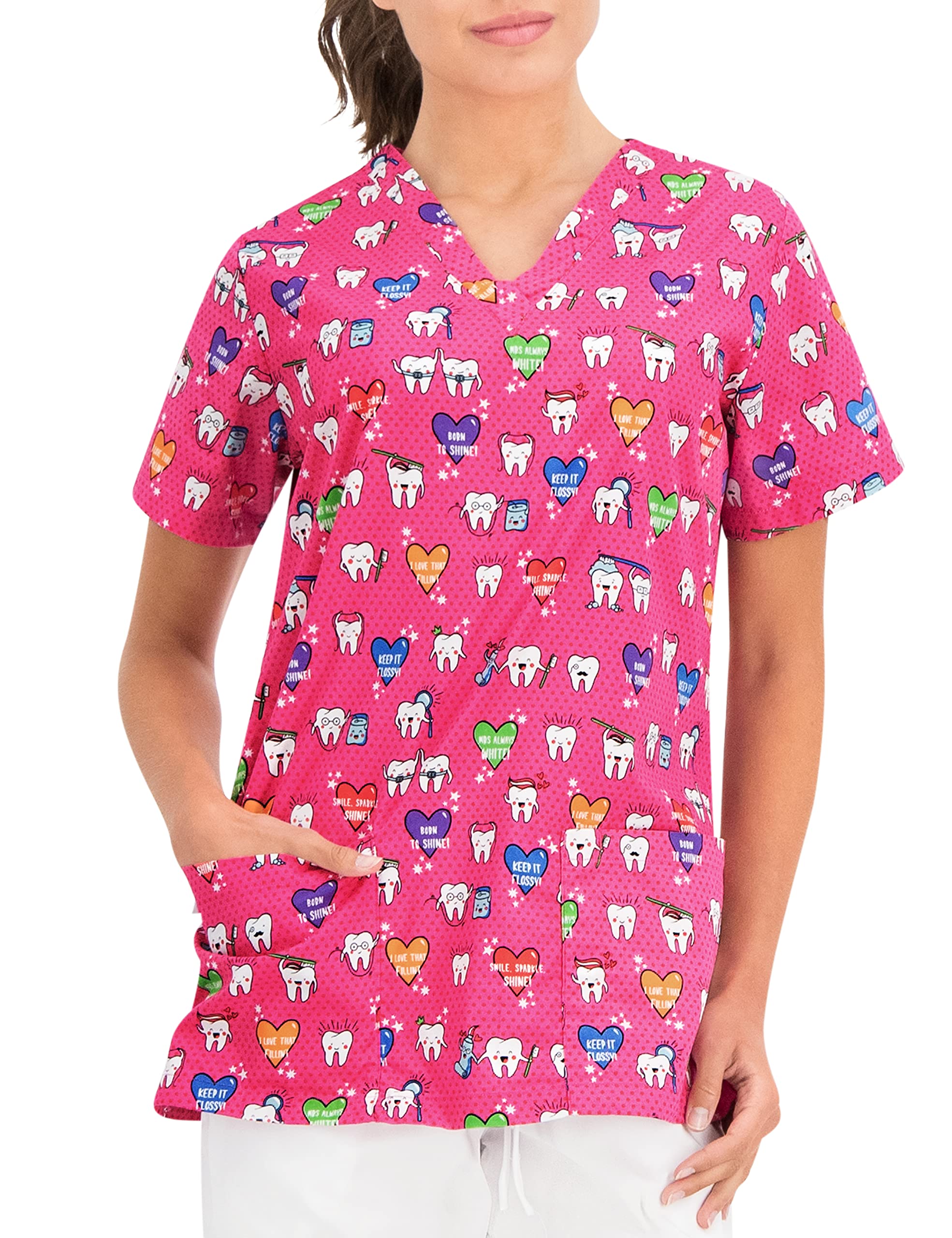 B-wellBambina Women's Slip-On Tunic, Short Sleeve, V-Neck Tunic, Women's Care Motif, Happy teeth, M