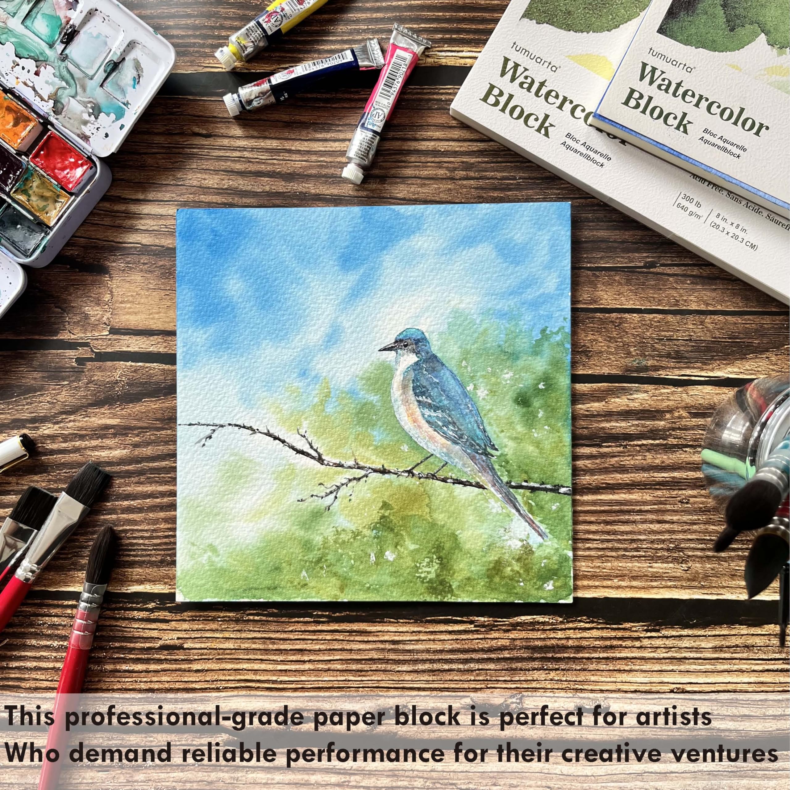 tumuarta Watercolor Block 300 LB, 640 GSM, 100% Cotton, 8X8”, 640 GSM, 10 Sheets, Acid Free, Cold Press, Watercolor Paper Board Sketch Books for Watercolors, Acrylic and More (8 X 8)