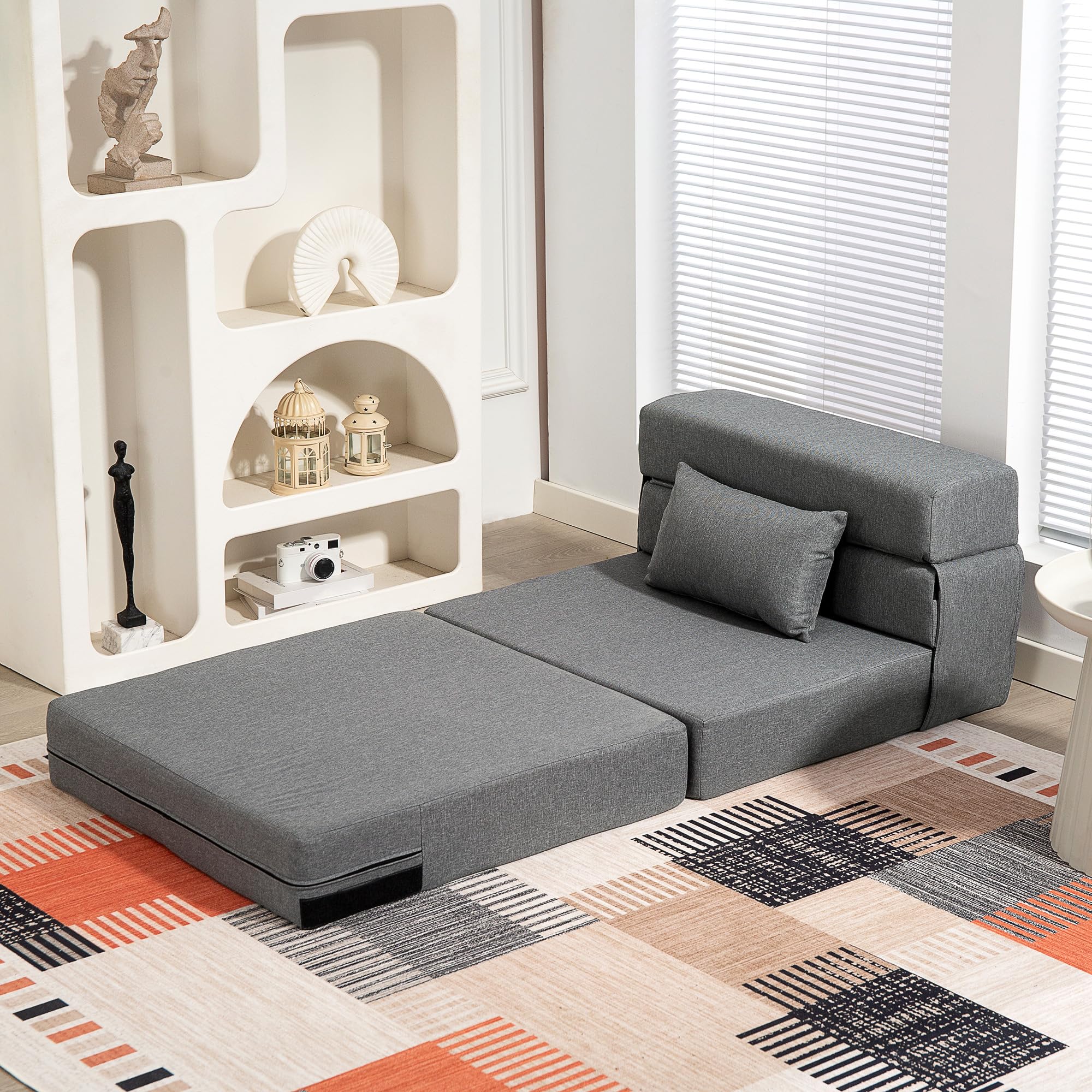 HOMCOM Fauteuil Convertible 1 Place 3 en 1, Fauteuil lit Pliant, chauffeuse 1 Place en Lin avec Large Assise, Coussin Inclus, Matelas Pliable 210 cm pour invités, Salon, Petit Espace, Gris