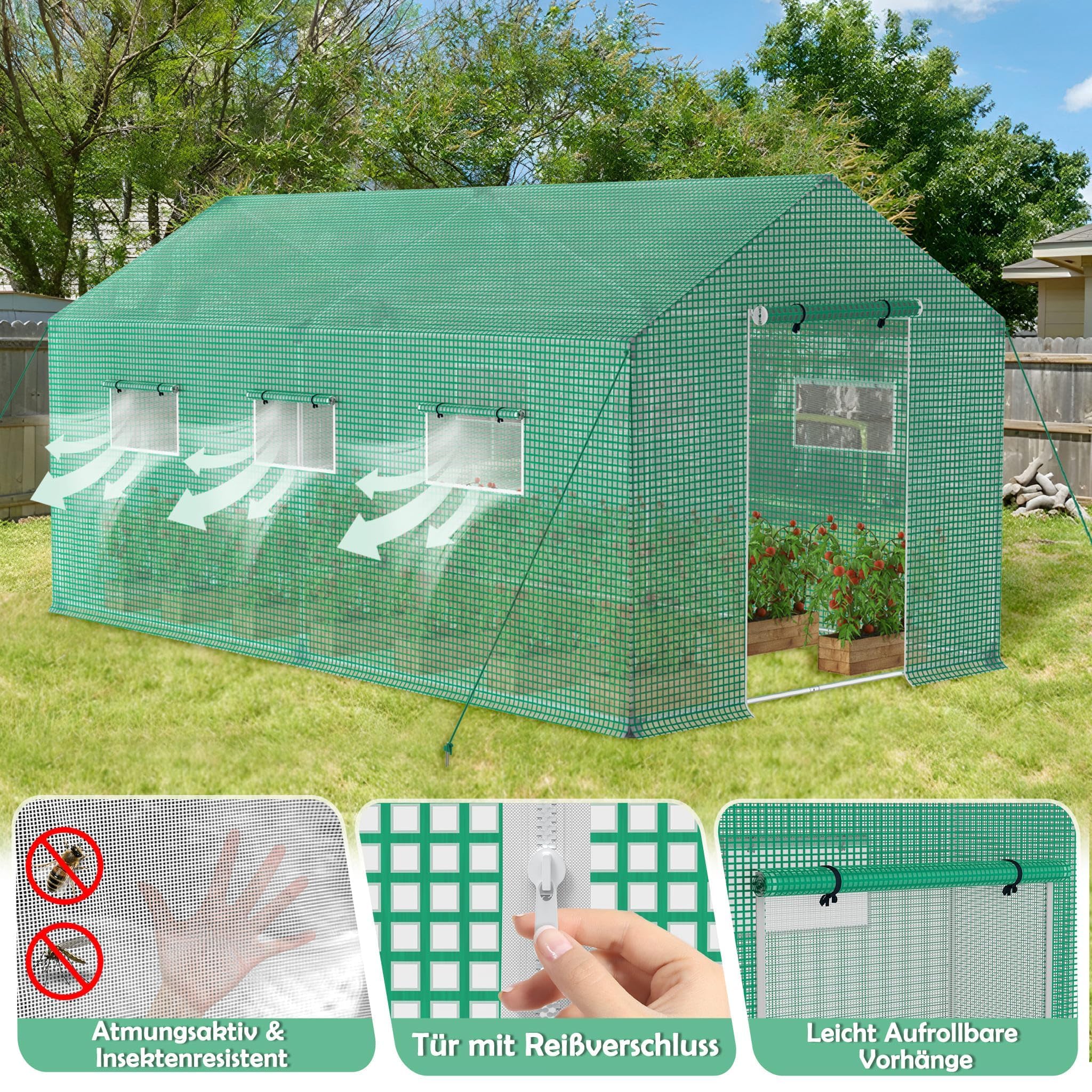 LZQ Invernadero con láminas de aluminio,4,5 x 2 x 2 m,para tomates, resistente al invierno, túnel con rejilla de rejilla y estribo,base de acero,anclaje de tierra inclinado,casa de plantas,color verde