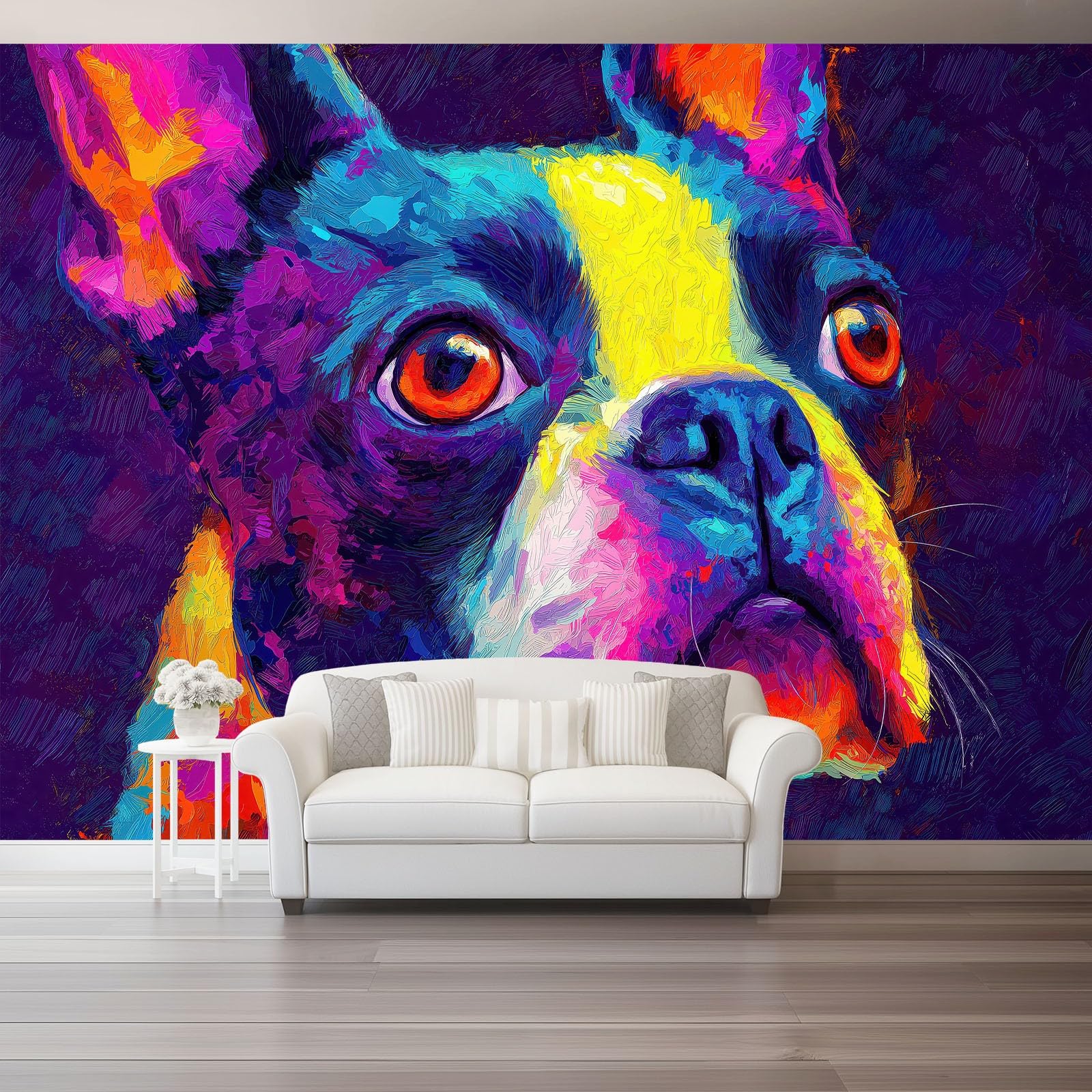 Tapeta z motywem 250 x 175 cm, abstrakcyjny bostoński terrier tapeta z motywem do pokoju dziecięcego i kącika do majsterkowania, kolorowa