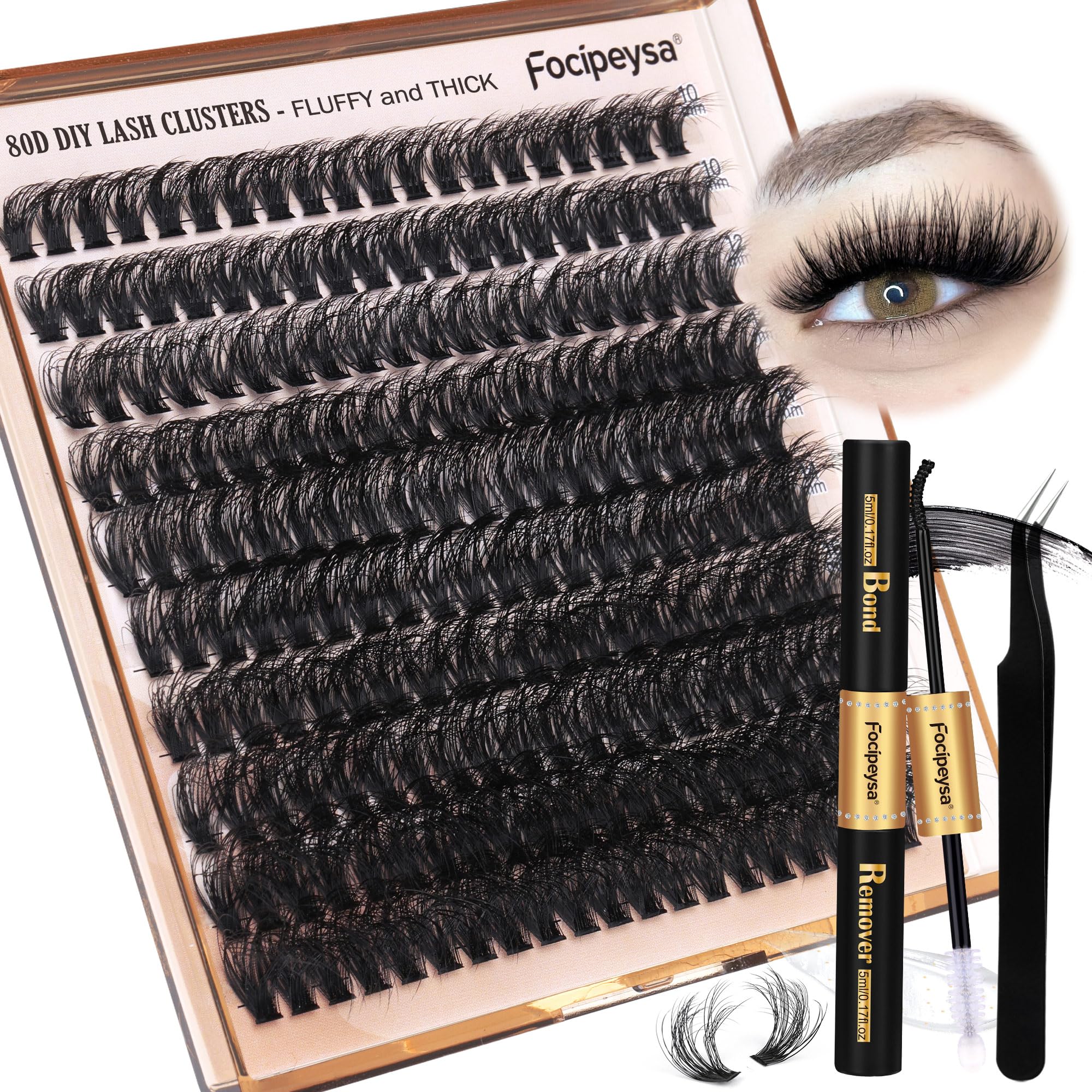Focipeysa Eyelash Extension Kit, 200pcs 80D Mink Fur False Eyelashes, 10-18mm DIY Lash Clusters, Matte Black, Vegan, Cruelty Free, Includes Lash Bond & Remover, Tweezers