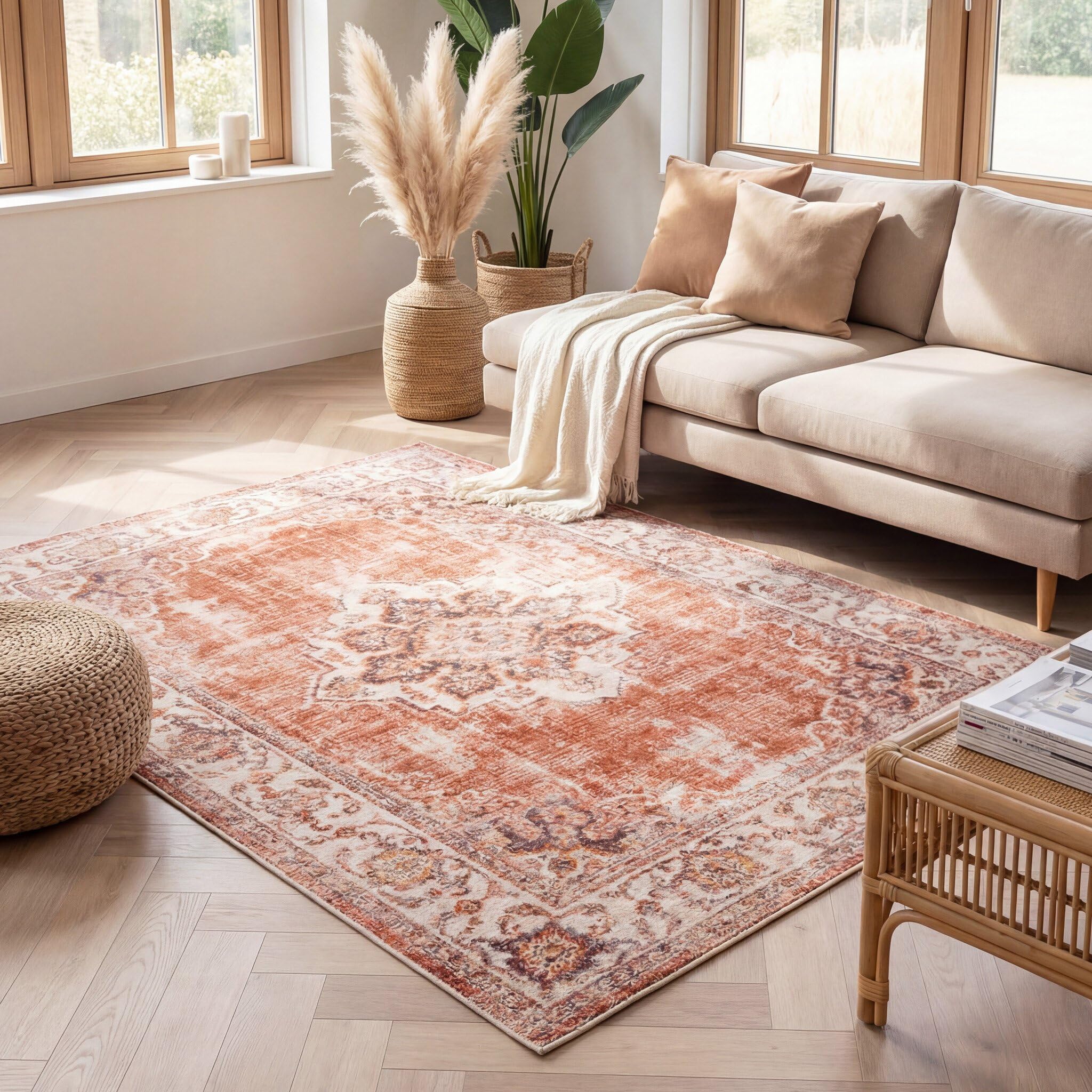 FRAAI | Home & Living Tapis de Salon Vintage - Spring Medallion Terracotta/Crème - 140x200 cm - Vintage, Oriental, Persan - Rectangulaire