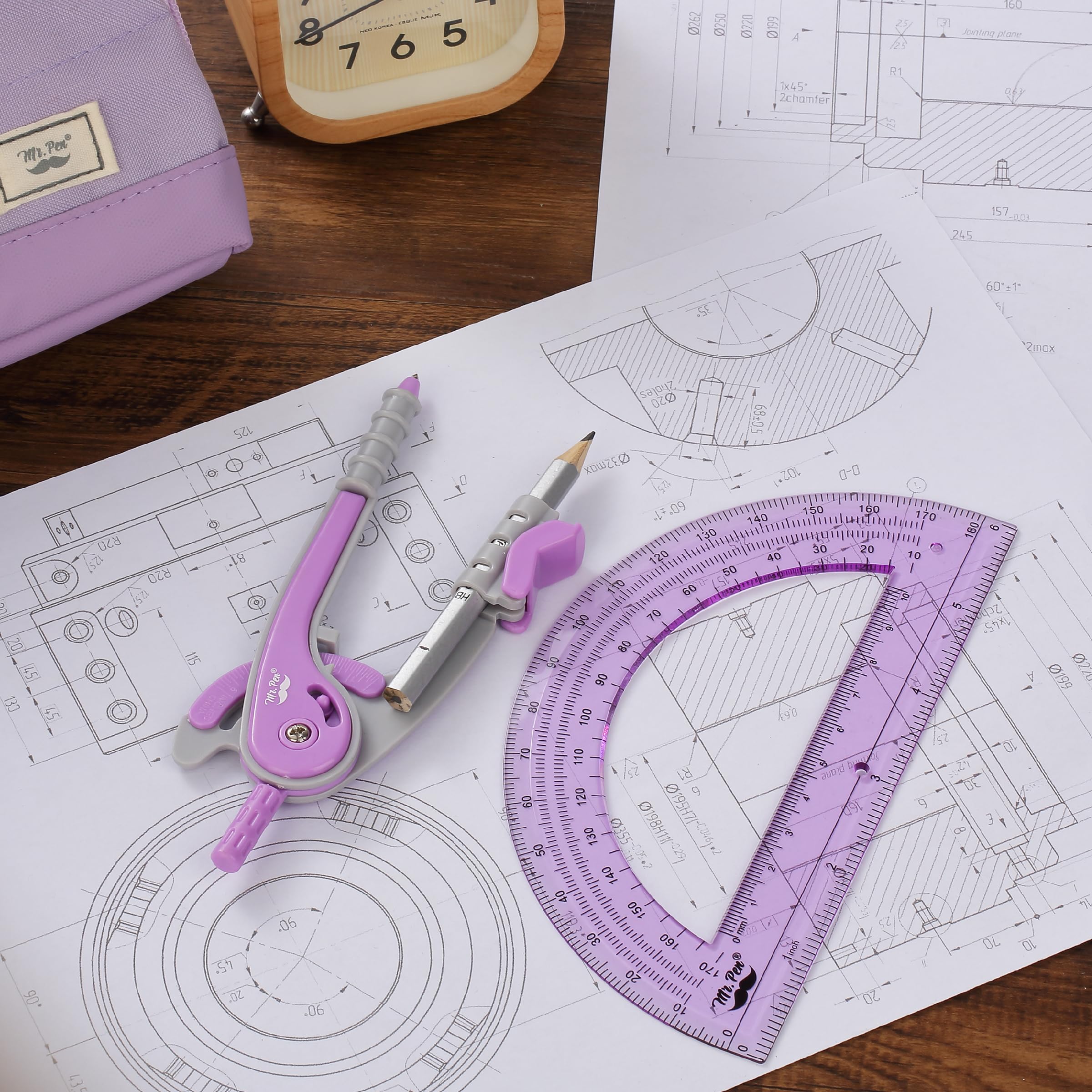 Compass Geometry 8-Piece Purple Geometry Set – Cute Compass, Protractor ...