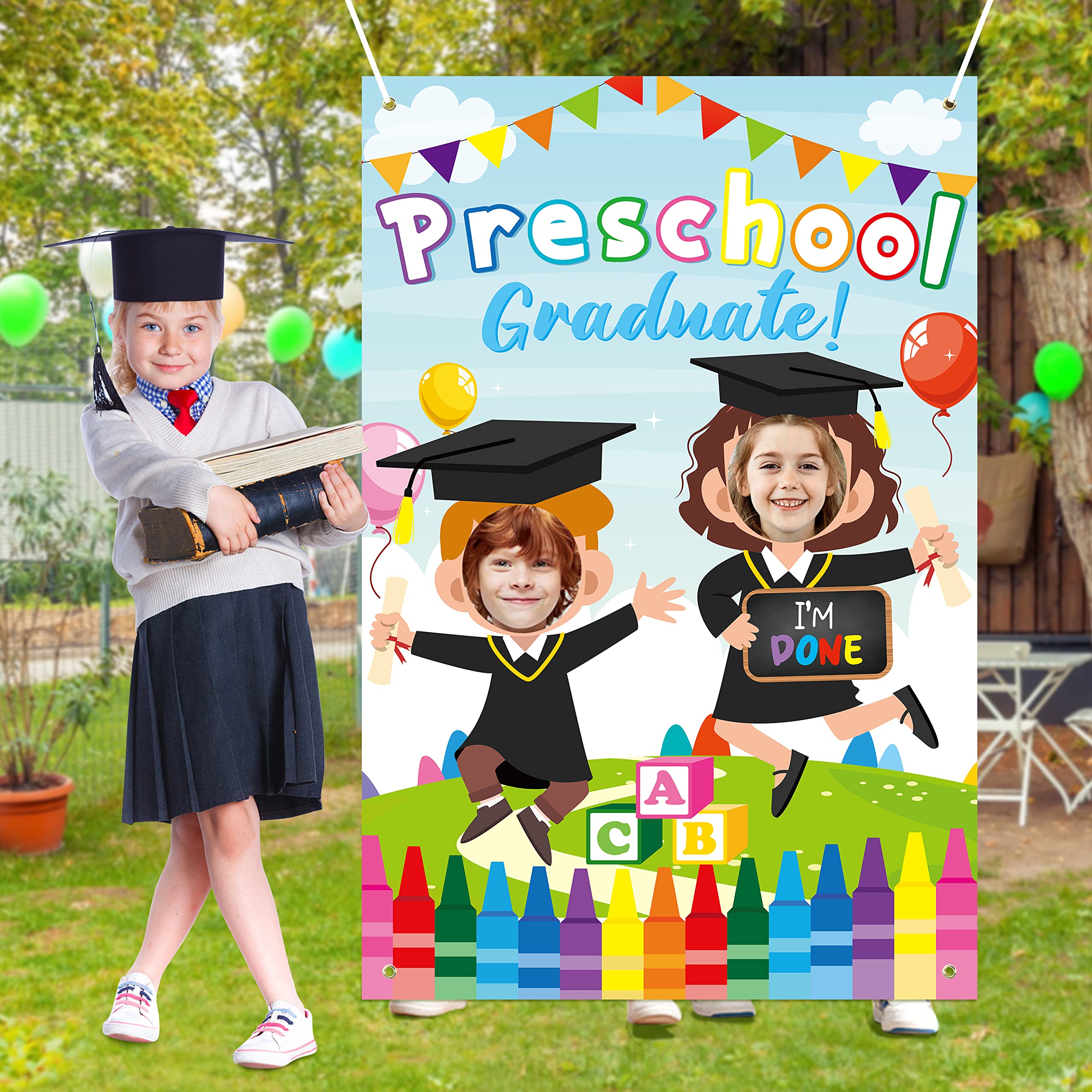 Photo 1 of WATINC Preschool Graduation Photo Prop, Fabric Pre-Kindergarten Grad Celebration Photography Backdrops, Class of 2023 Ceremony PreK Supplies, Congrats School Party Favors Funny Door Banner for Kids