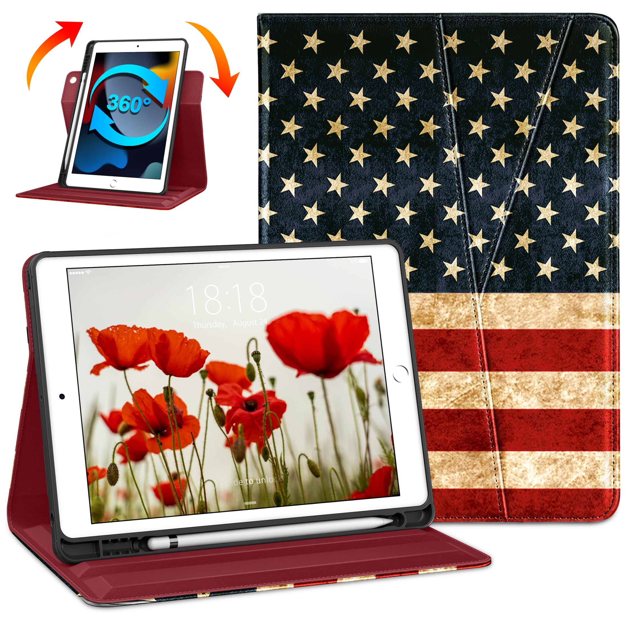 DTTO Rotating Case for iPad 9th/8th/7th Generation 10.2 Inch 2021/2020/2019, 360 Degree Swiveling Premium Leather Folio Stand Cover with Pencil Holder