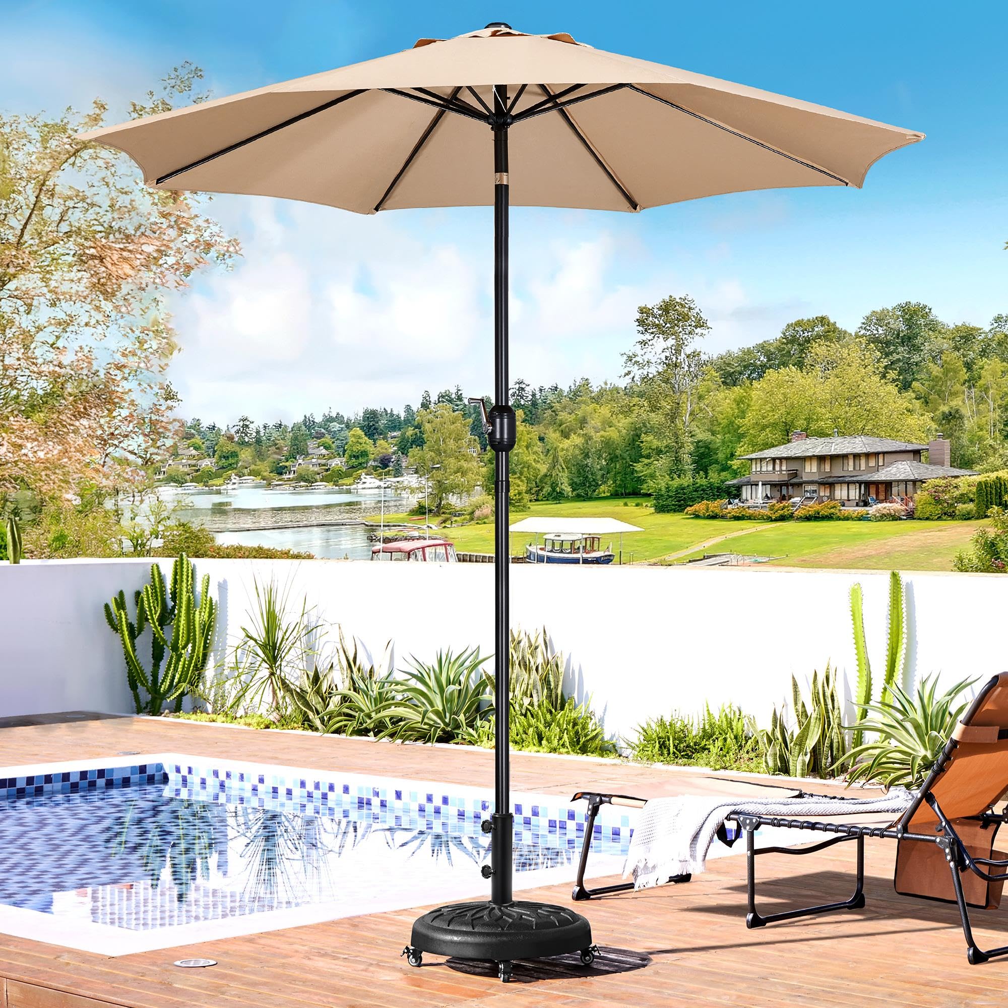 Abician Pied de Parasol Rond à roulettes 24,72 kg，Base de Parasol Standard en Résine pour Mât de Ø 34mm/38mm/48mm du Parasol, Patio Jardin Extérieur Marché Noir