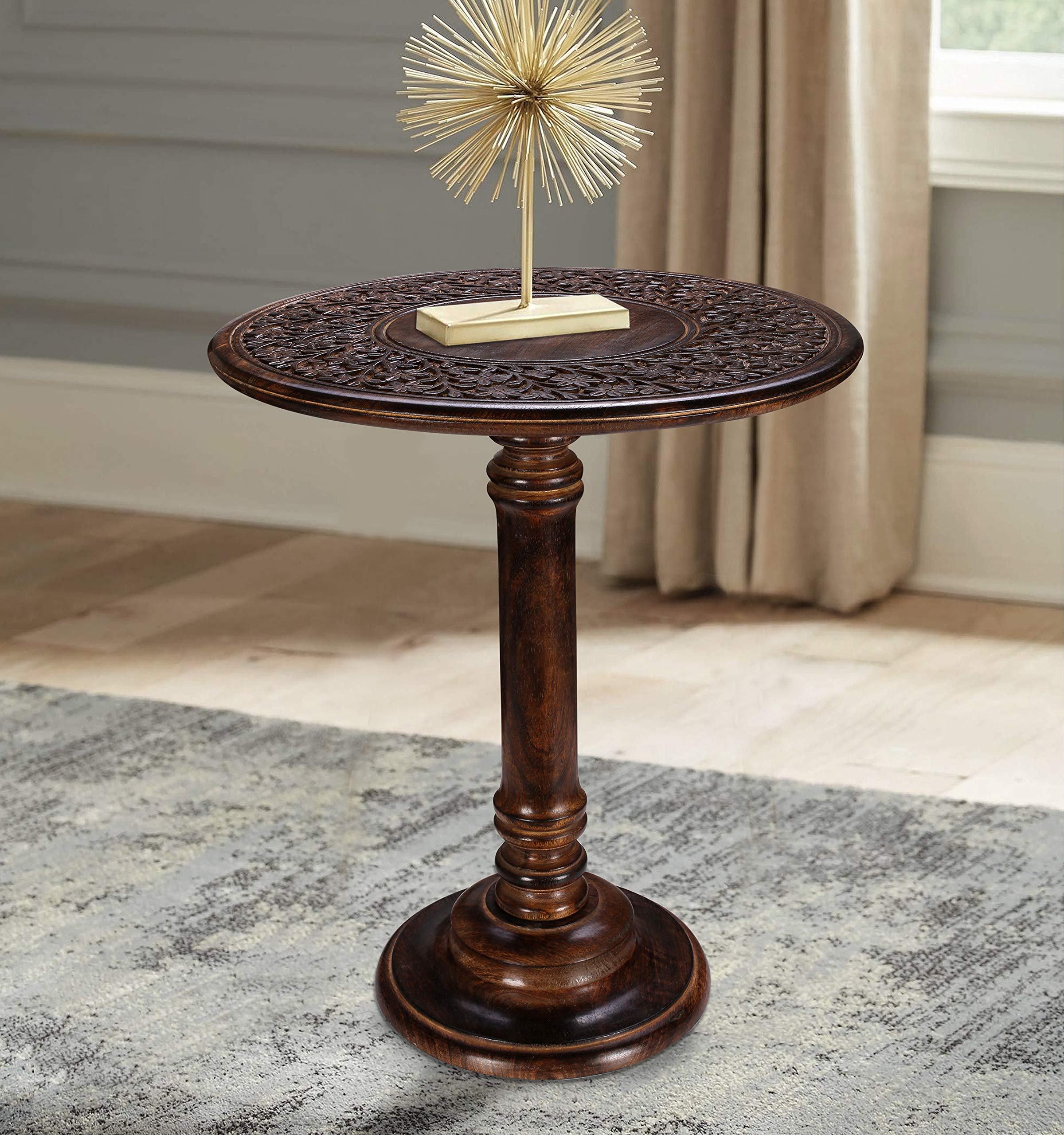 coffee table wooden with single pillar, wooden end table, small table, night stand, desk side table, bedside table, entry table, living room side table for magazines, books & plants-18x22 inch burnt