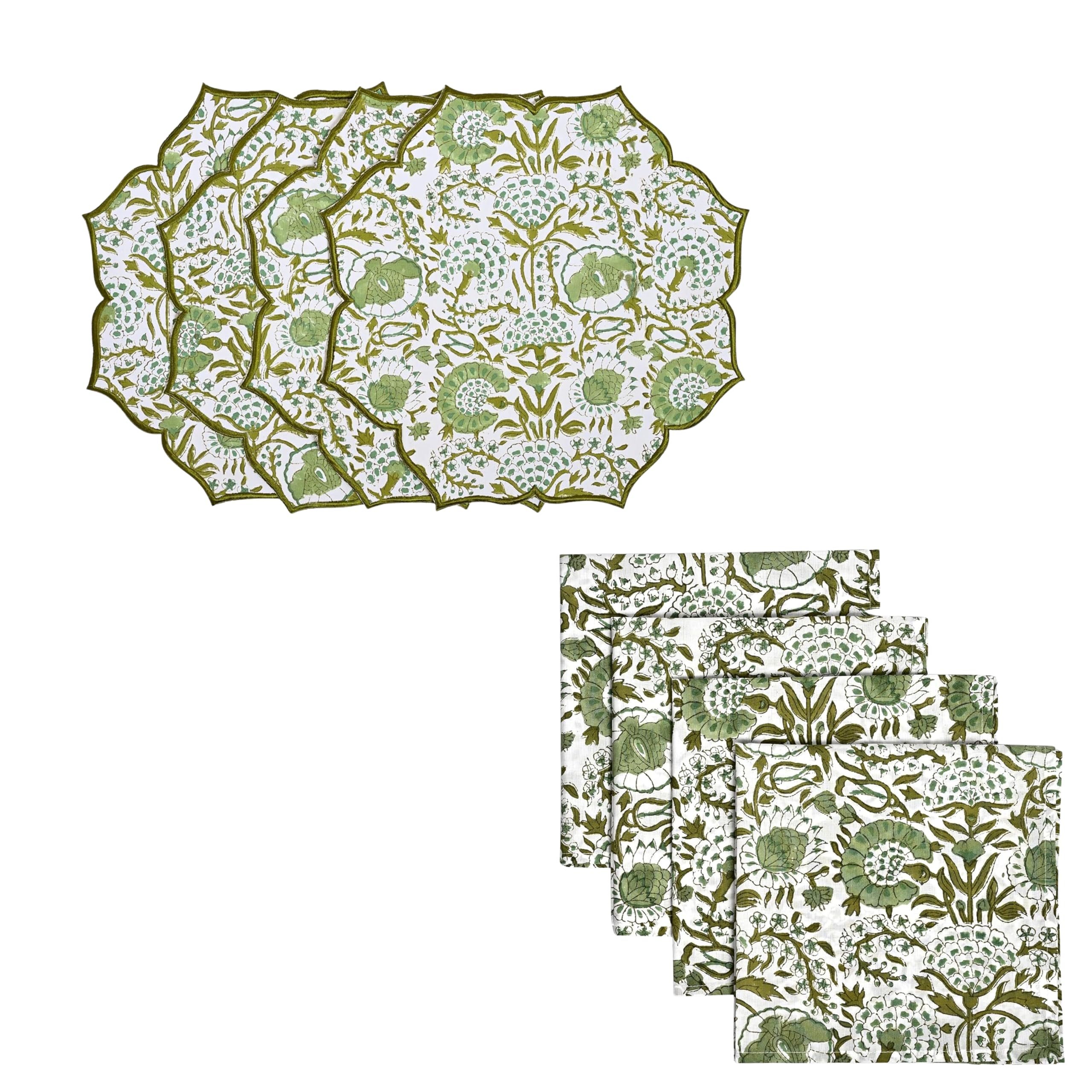 CPC Agate Green Table Linen Bundle, Cotton Placemats Set of 4 with Cloth Napkins Set of 4, 15 x 15 Inch Embroidered Block Print Mats and 18 x 18 Inch Floral Dinner Napkins for Dining Table