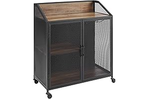 Walker Edison Malcomb: Rustic Oak Industrial Metal Mesh Rolling Bar Cabinet