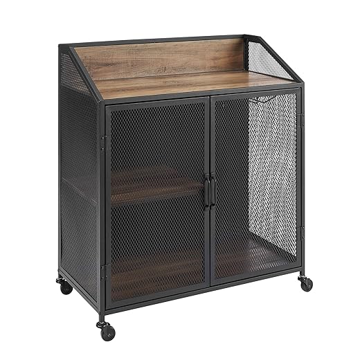 Walker Edison Malcomb Urban Industrial Metal Mesh Double Door Rolling Bar Cabinet, 33 Inch, Rustic Oak