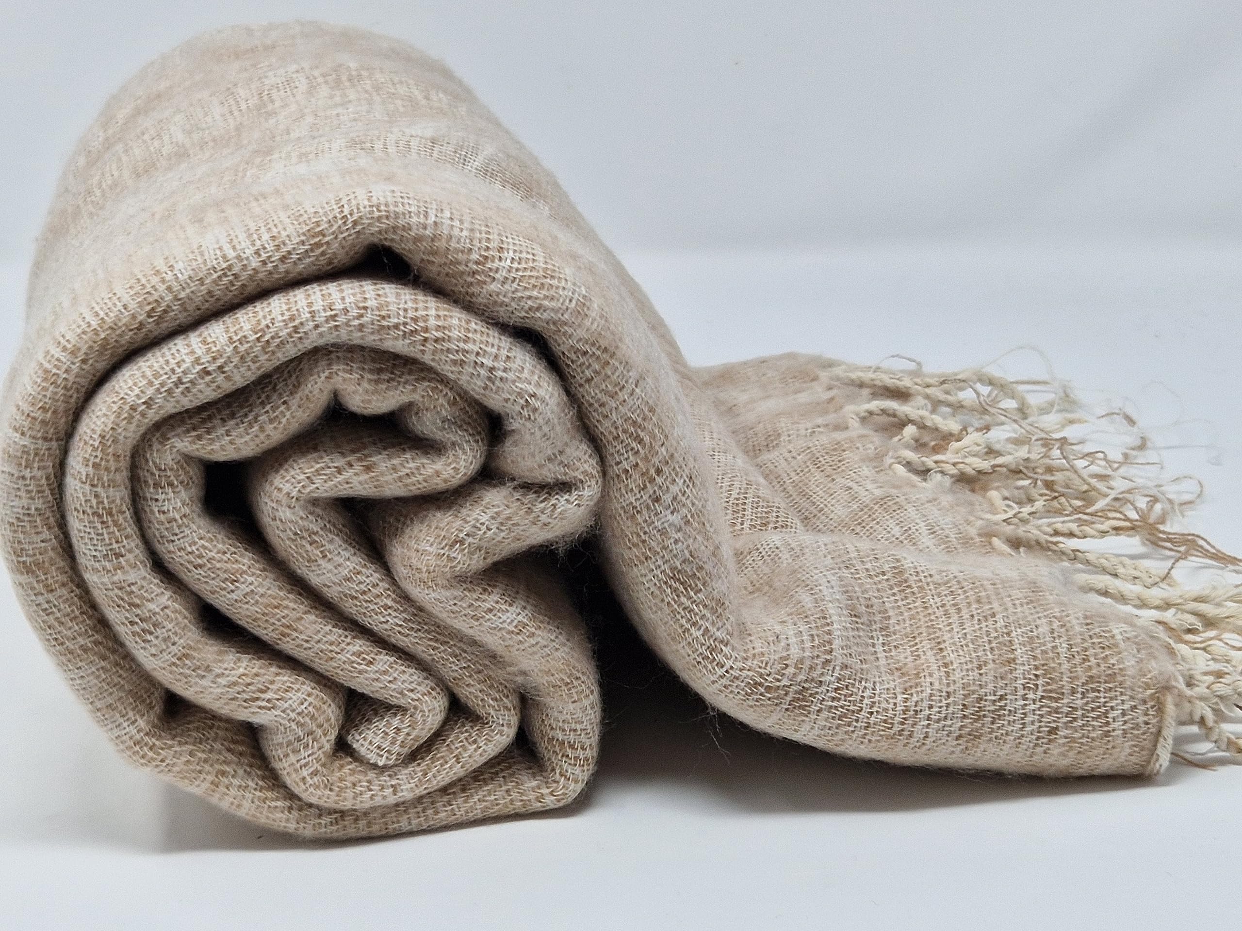Nepalesische handgefertigte Yak-Wolldecke, weiche übergroße Schals, Überwürfe, Meditations-Wickeldecke, Yak-Wolle, Yak-Wollschals, Beige, beige, 90 inch x 47 Inch