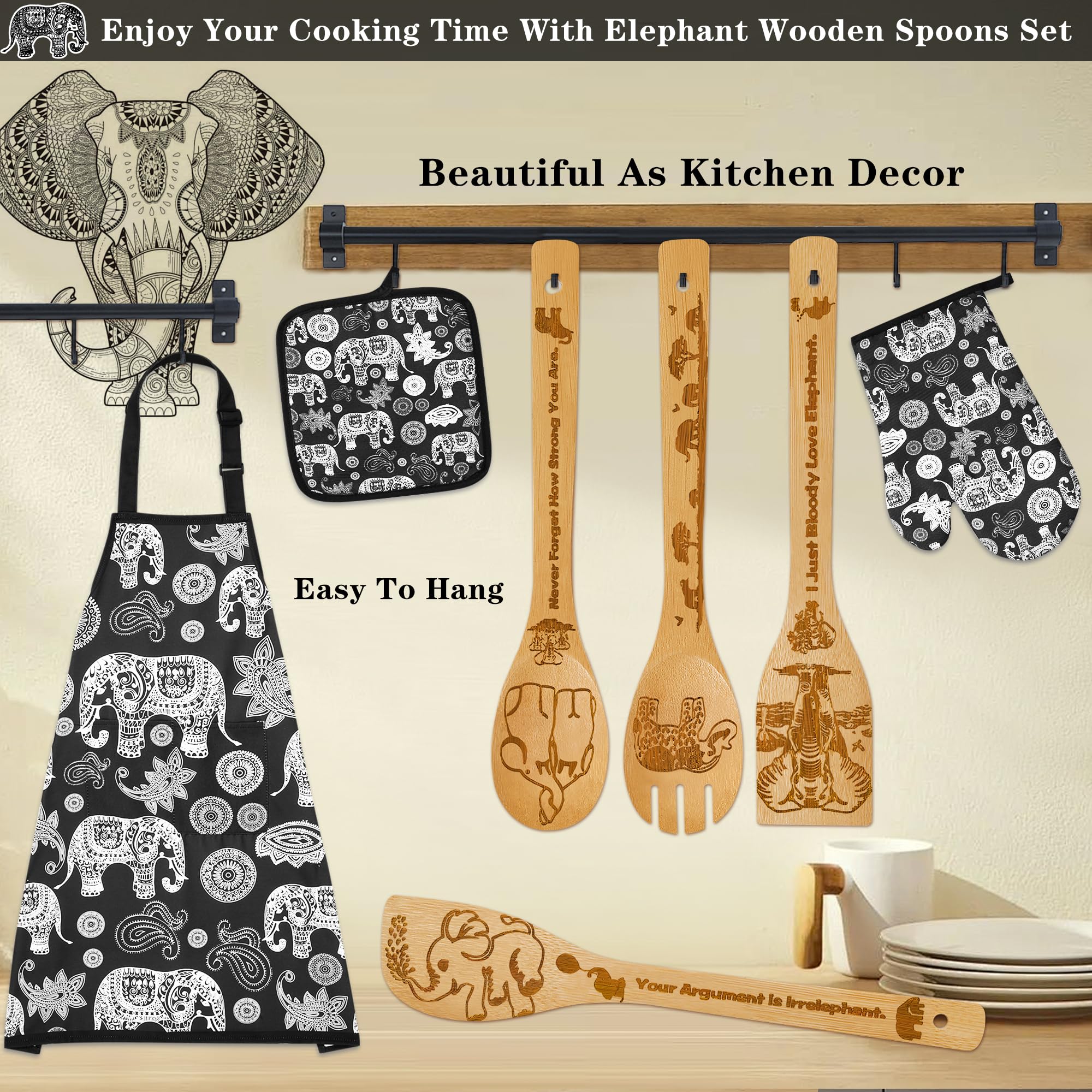 Elephant Gifts for Women,8pcs Elephants Bamboo Cooking Utensil Spoons with Apron Oven Mitt Potholder,Personalized Elephant Gift for Mom,Housewarming Kitchen Decor,Easter,Birthday,Mother's Day