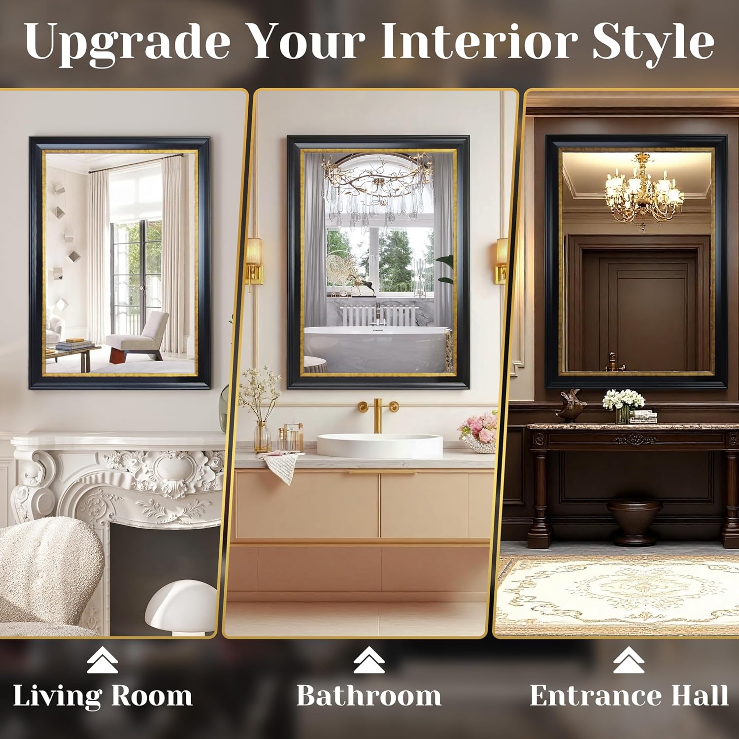 ROLOVE 23x34 Inch Antique Black and Gold Mirror for Wall, Ornate Baroque Decorative Mirror, Rectangle Vintage Wall Mirror for Fireplace & Entryway, Bathroom, Shatterproof Glass, Waterproof Frame