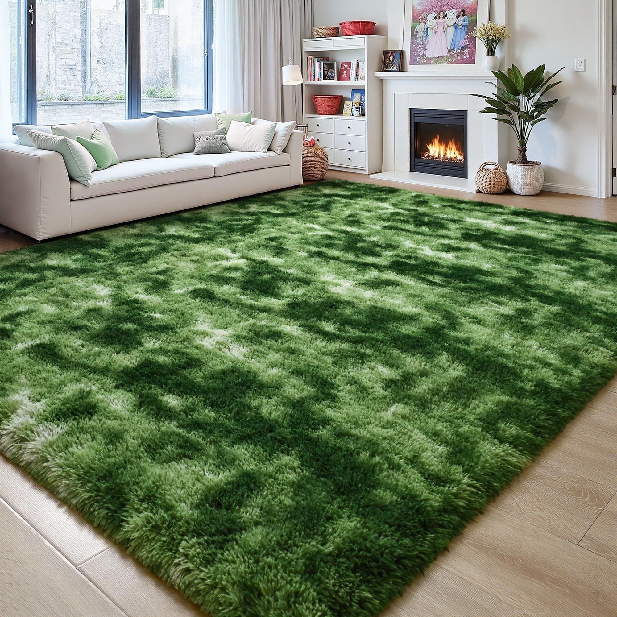 FALARK 5x7 Plush Tie-Dyed Forest Moss Dark Green Area Rug — image 1