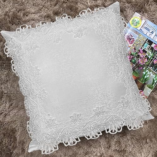 Miniatura 5 de Juego de 2 fundas de almohada de 18 x 18 pulgadas, fundas de almohada suaves de encaje blanco, decoración de sala de estar, exquisita funda de cojín